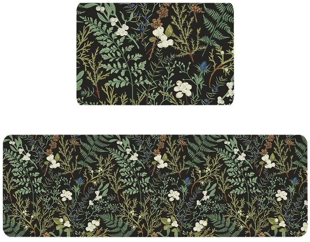 Black Green Botanical Kitchen Rug Set of 2,Plant Leaf Cushioned Anti-Fatigue Kitchen Mat Non Slip Washable Doormat Bath Runner Rugs Comfort Floor Mat