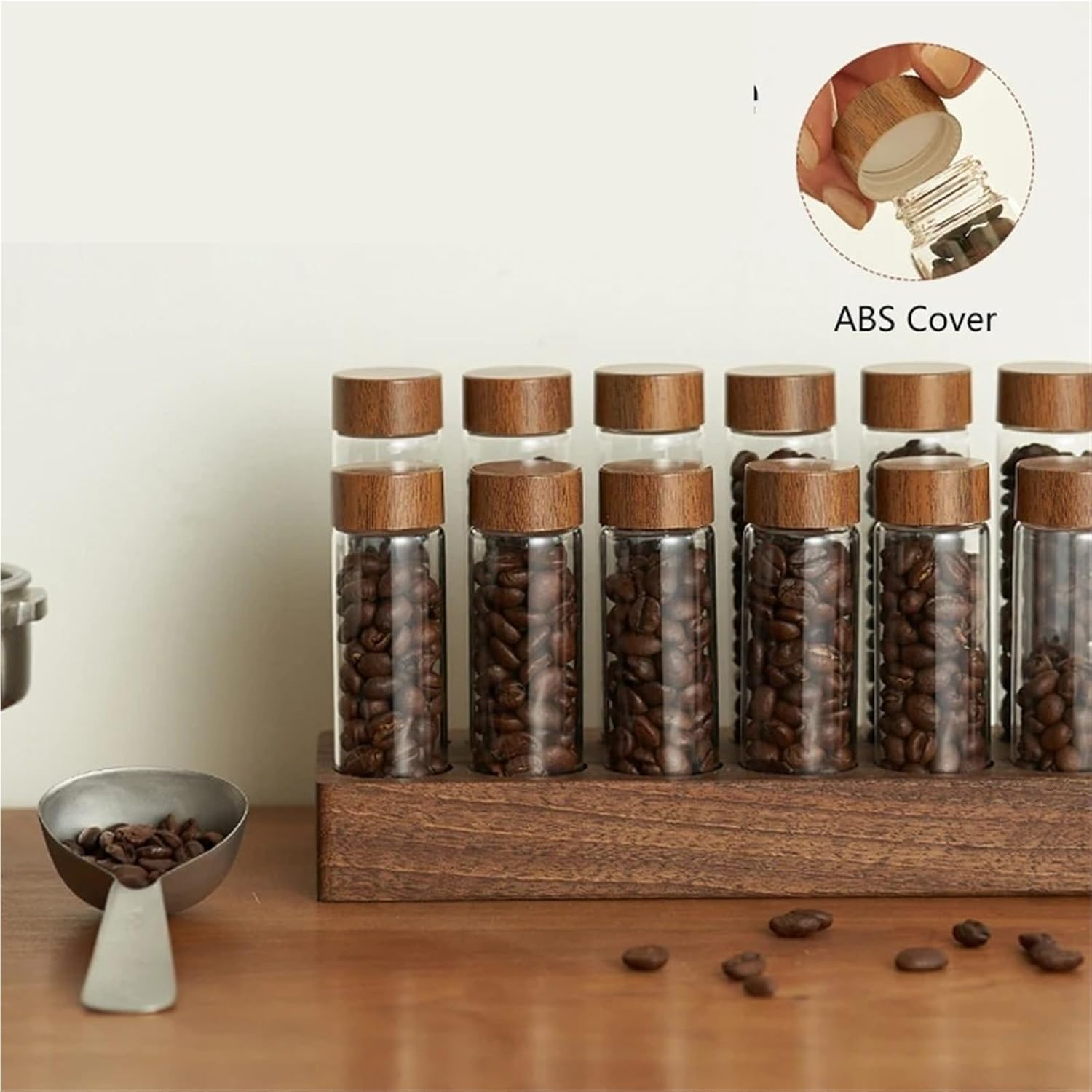 Glass Coffee Beans Storage Tube with Display Rack, Single Dose Tea Bottle Set, Practical Barista Coffeware Accessory(1pc 12 holes Base)