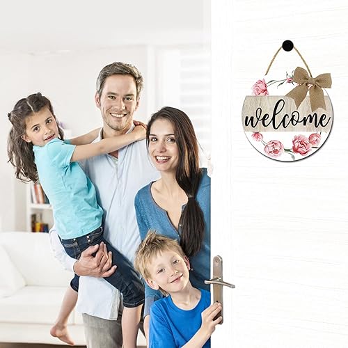 Miniatura 2 de Letrero de bienvenida de madera rústica, redondo de 12 pulgadas, rosa y marrón, tema de flores, colgante con colgador de cinta de arpillera