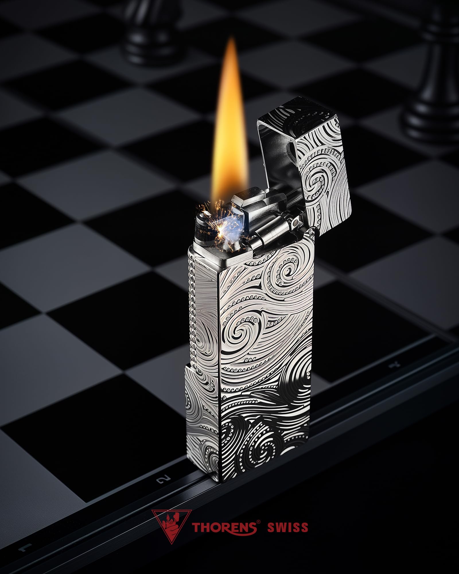 THORENS Narrow Lighter - Starry Sky Mechero de Queroseno y Latón | Side-slip, flip-top, plata, retro clásico, compacto, recargable, llama suave, relieve tallado, regalo coleccionable hombre