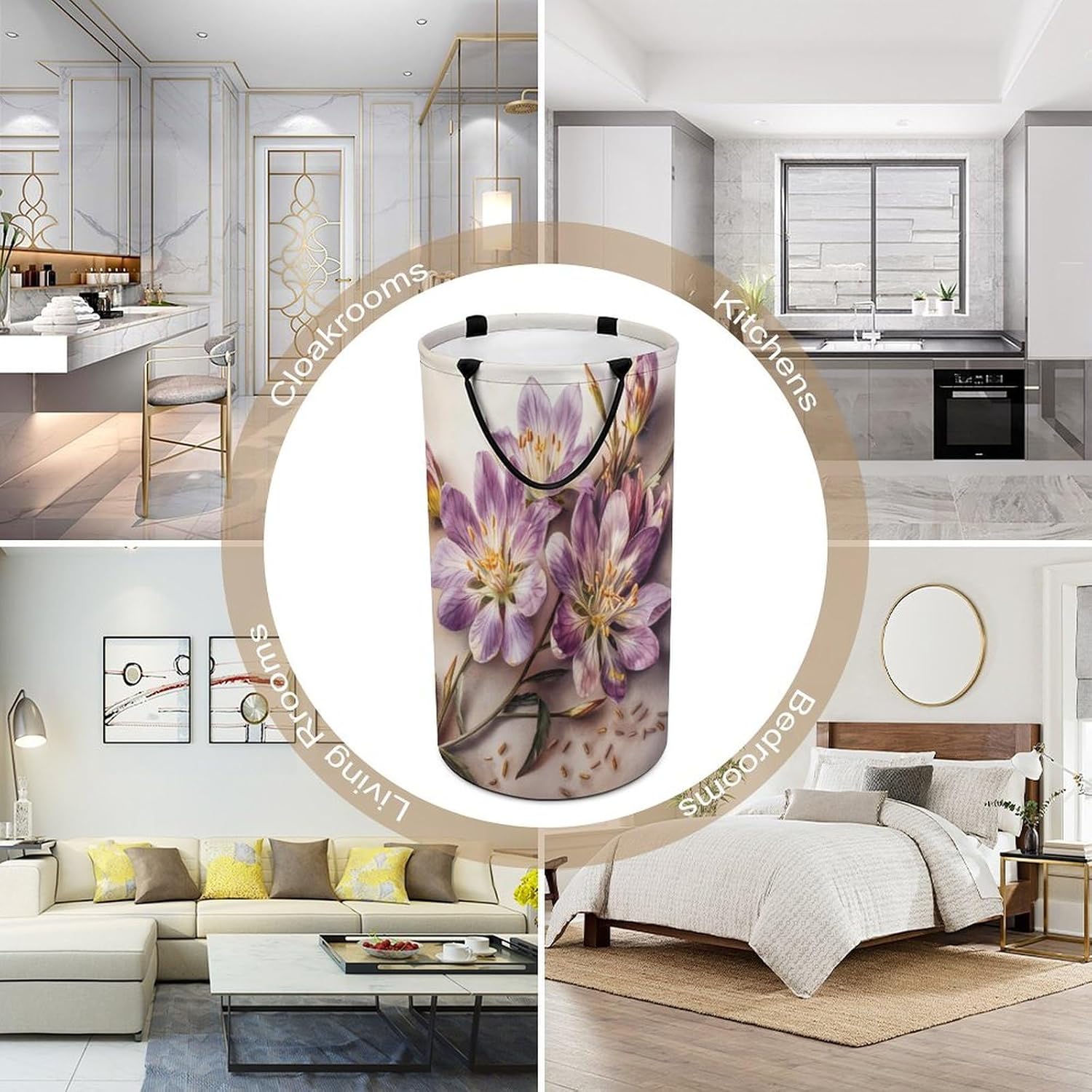 Purple Flowers Laundry Basket Freestanding Laundry Hamper with Handles Waterproof Dirty Clothes Hamper Collapsible Washing Bin Aesthetic Clothes Basket for Bathroom Bedroom Dorm