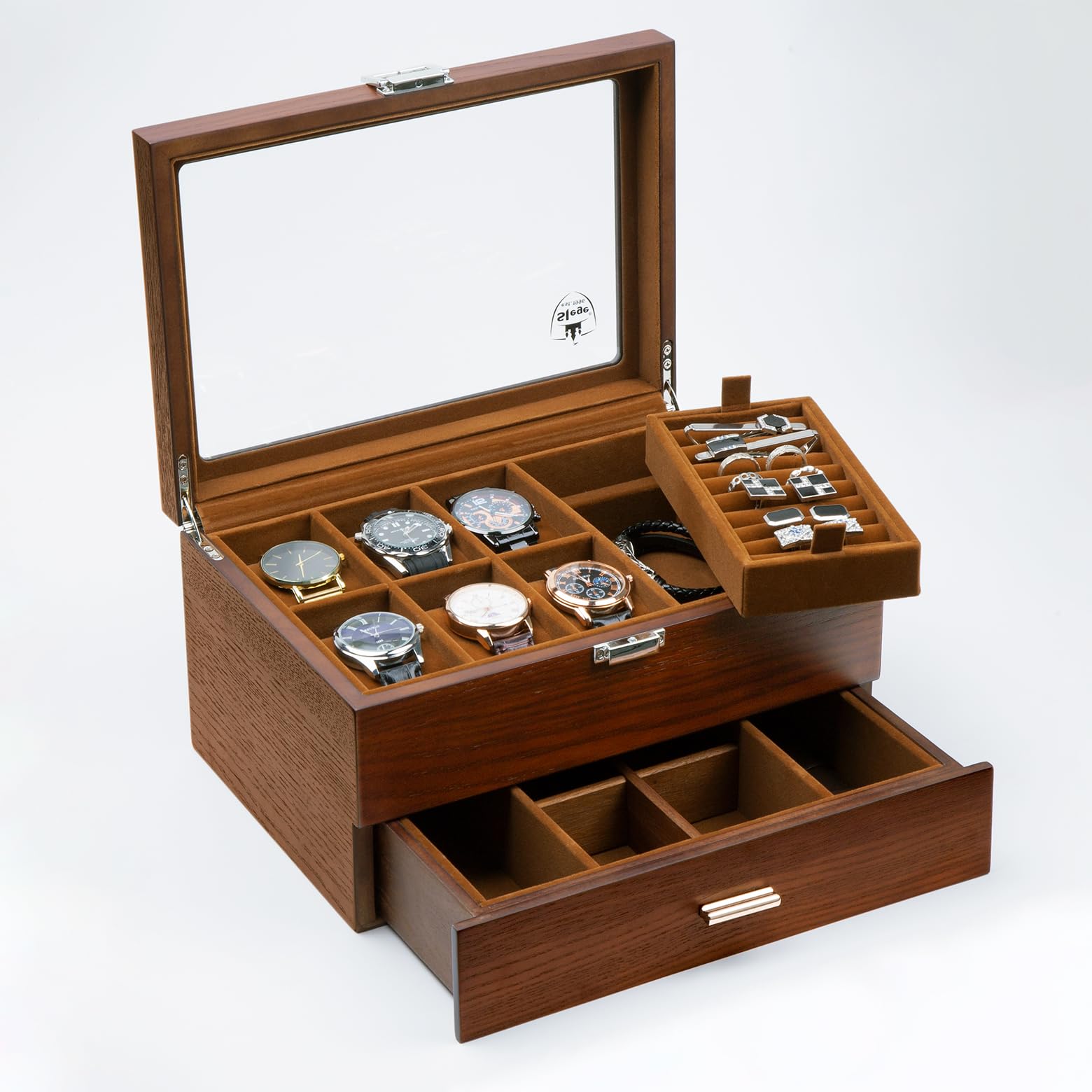 Slege Uhrenbox aus Holz mit 6 Fächer,Uhrenkasten Glasdeckel,2 Ebenen,Uhrenetui für Herren,Uhrenaufbewahrung für Uhren,Schmuck Box,Uhrenbox-Organizer für Damen und Herren,für Ringe (Braun)