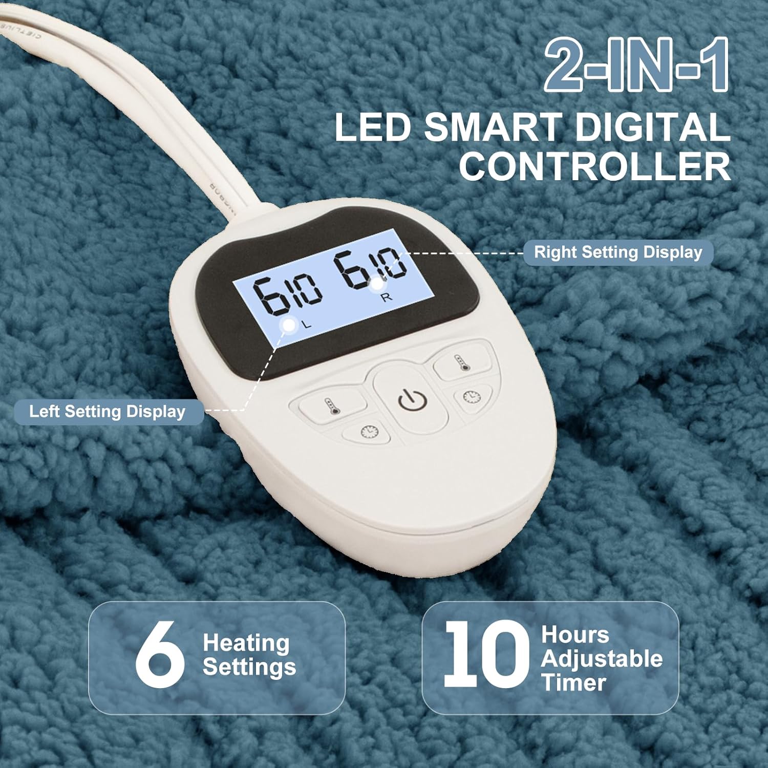 Electric Blanket Queen Size Single Control - Soft Double Sided Sherpa Heated Blanket with 6 Fast Heating Levels & 10 hrs Timer Settings, Washable & Overheat Protection for Bed, Blue - Image 2