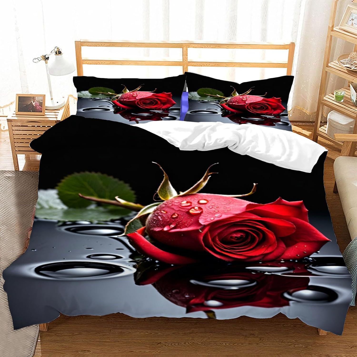 Komplet pościeli 220 x 240 cm, czerwone róże, miękka pościel z mikrofibry, druk 3D, piękne kwiaty, 3-częściowy, poszwa na kołdrę z zamkiem błyskawicznym i 2 poszewki na poduszkę 80 x 80 cm, g 5910