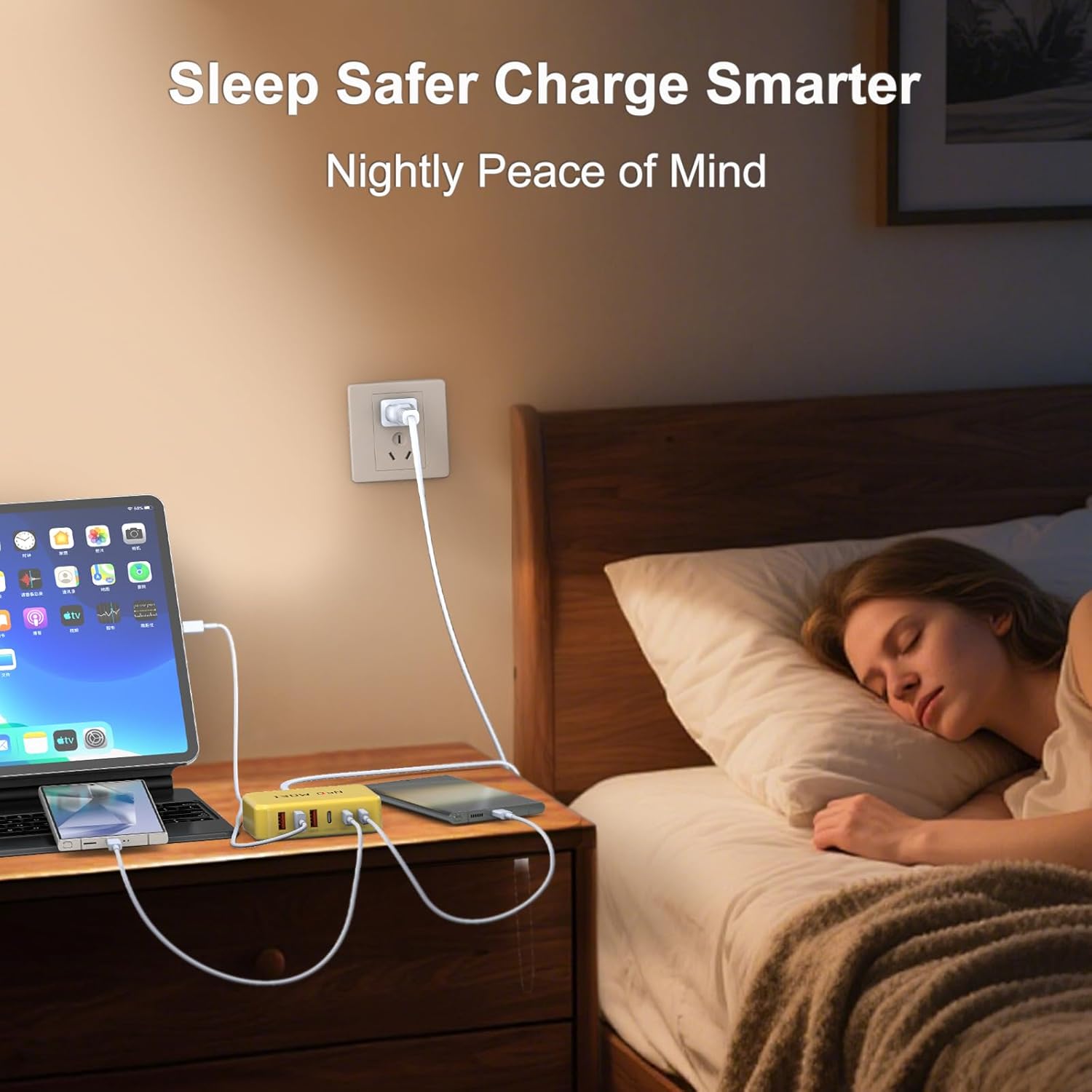 USB C Fast Charger Block,6-Port Charging Station,130W Max Output,No Need to Restart When Inserting a new Device,for iPhone17/16/15/14/13/12ProMax/Plus/iPad/Pro,Galaxy S26/S25,5ft Power Cord-Yellow
