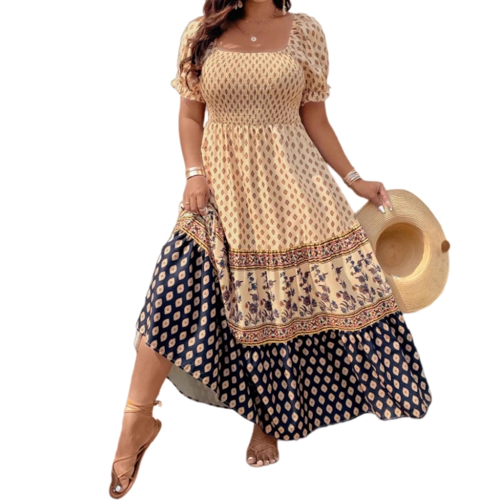 Vestito Donna Bohemian Smoked Dress Floral Stampa Manica Corta Vacanze Estatali Sundress-Black-XXXL-United States