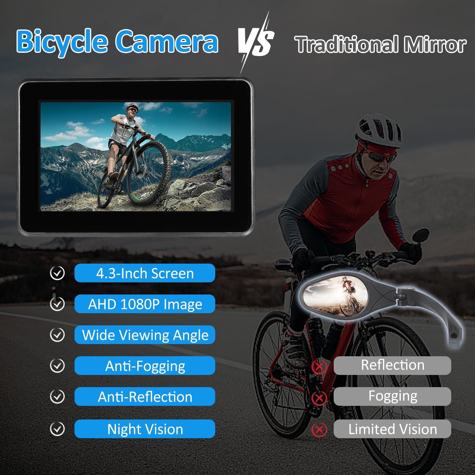 Shkalacar Telecamera Posteriore per Bicicletta 1080P con Monitor da 4,3'', Visione Notturna a 8 LED, Ampio Angolo di visuale di 150°, Staffa Girevole, Compatibile con Mountain Bike, Bici da Strada