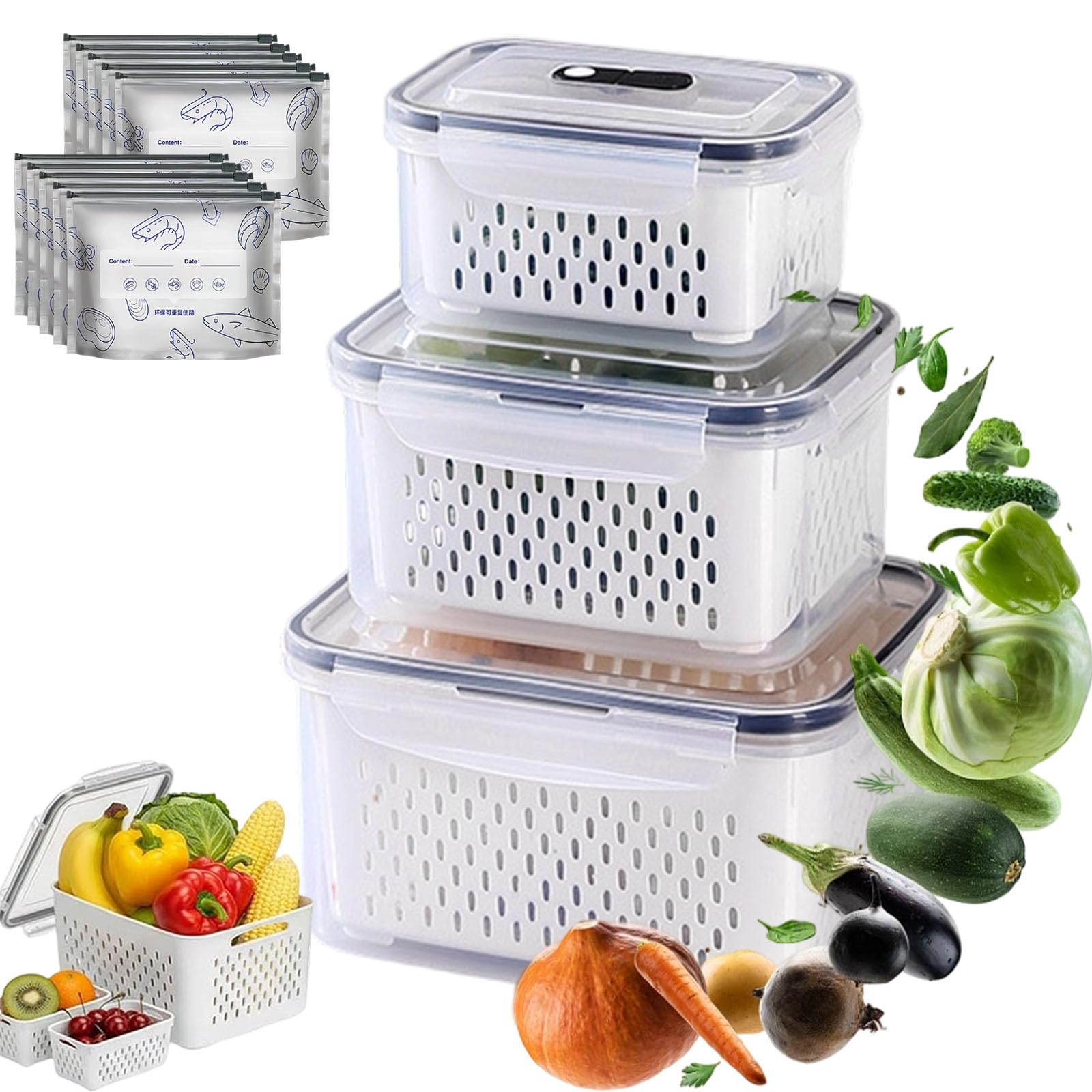 tiwuuyo Fruit Storage Container Set for Fridge with Removable Colander, Refrigerator Food Storage Containers with lids, Fruit and Vegetable Storage Organiser, Keep Food Berries Fresh (gray 3pcs)