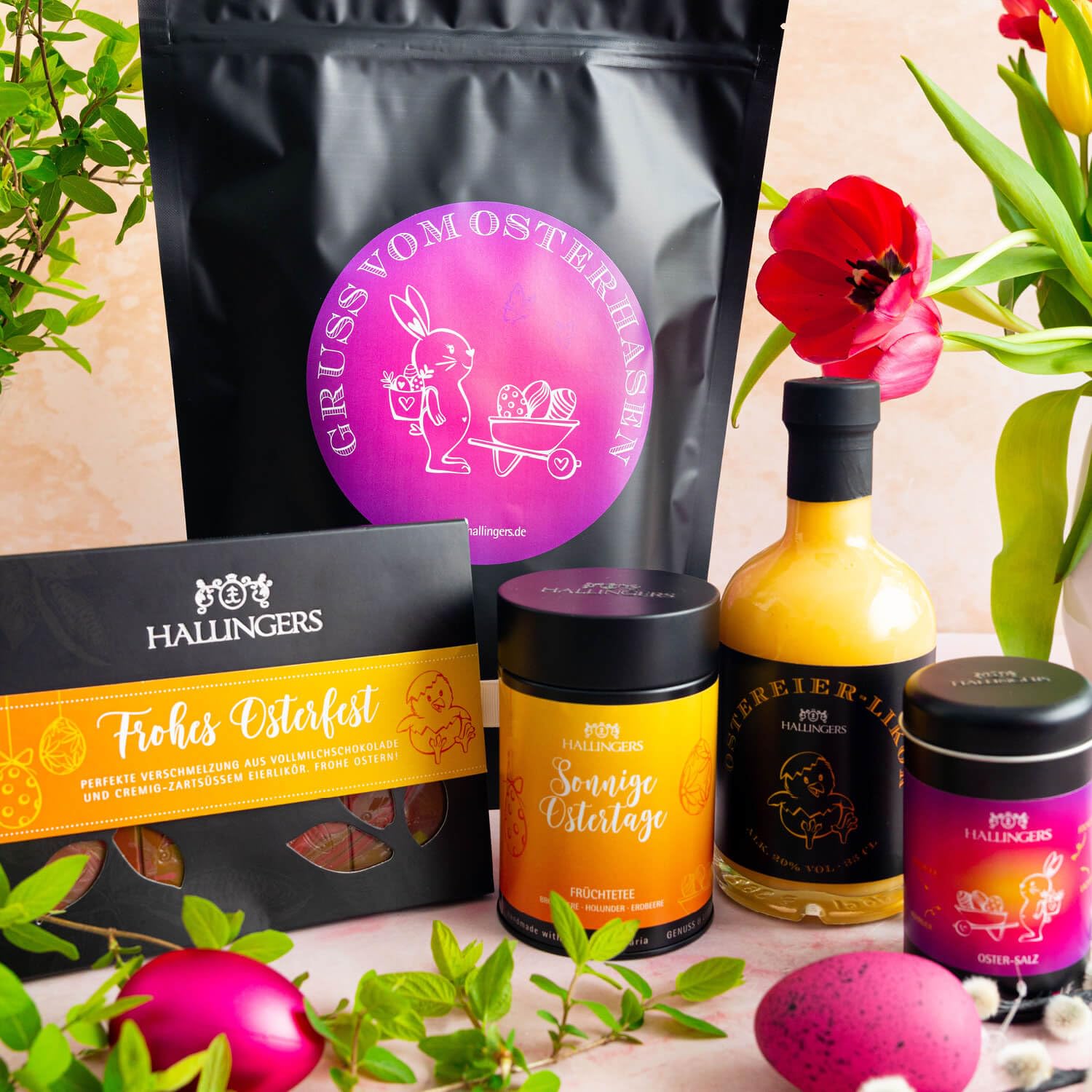 Hallingers Genuss Manufaktur Feinkost Oster-Geschenk-Set - XXL-Wundertüte "Gruß vom Osterh..." großes Osternest Oster-Schokolade, Eierlikör, Früchtetee & Salz, Ostern Körbchen für Frauen Mädchen