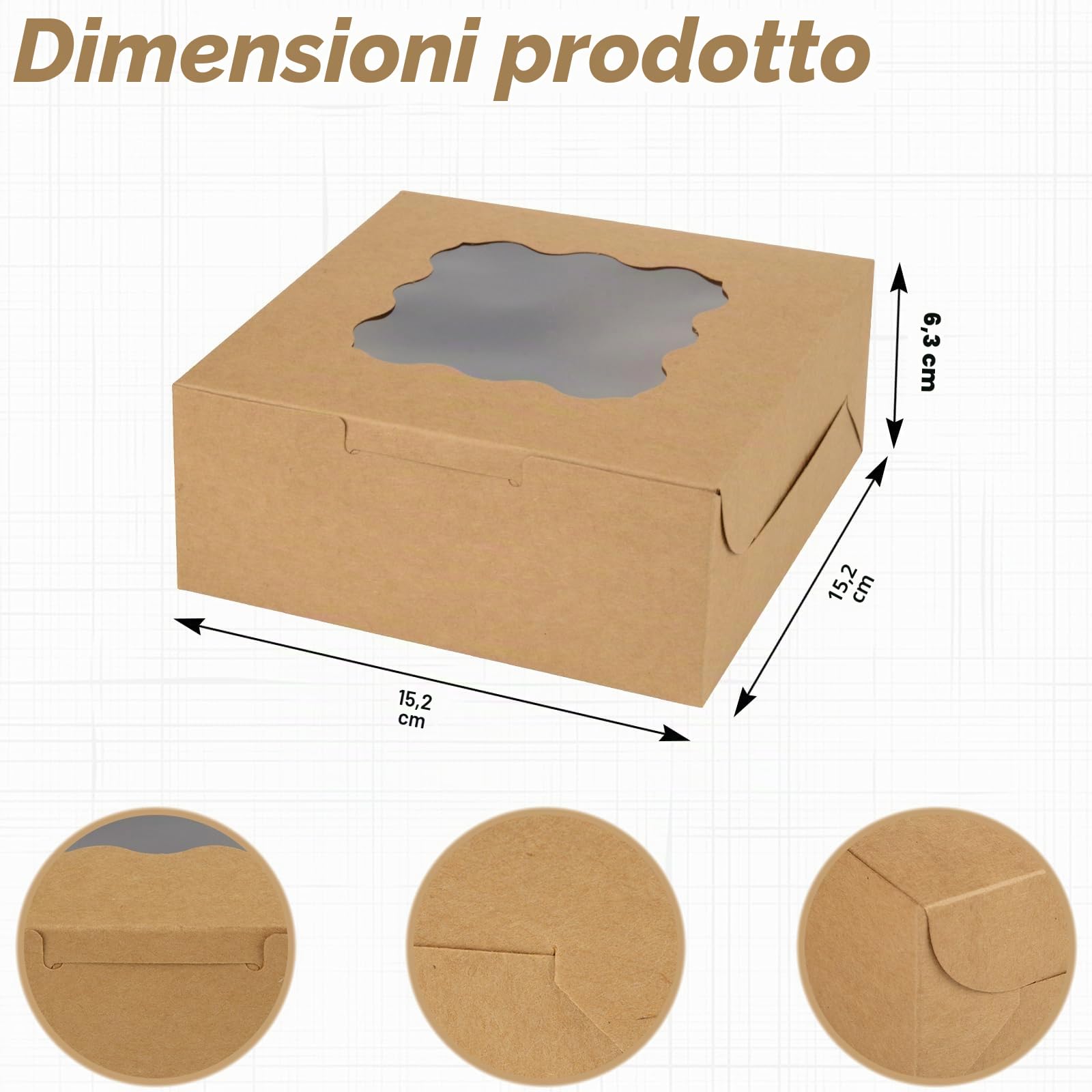 Scatola Quadrate per Dolci da 20 Pezzi, Scatola Confezione Regalo Kraft con Finestra Trasparente, 6x6x2,5 pollici /15,3 x 15,3 x 6,35 cm, Scatole per Torte, Pasticceria, Scatole Natalizie