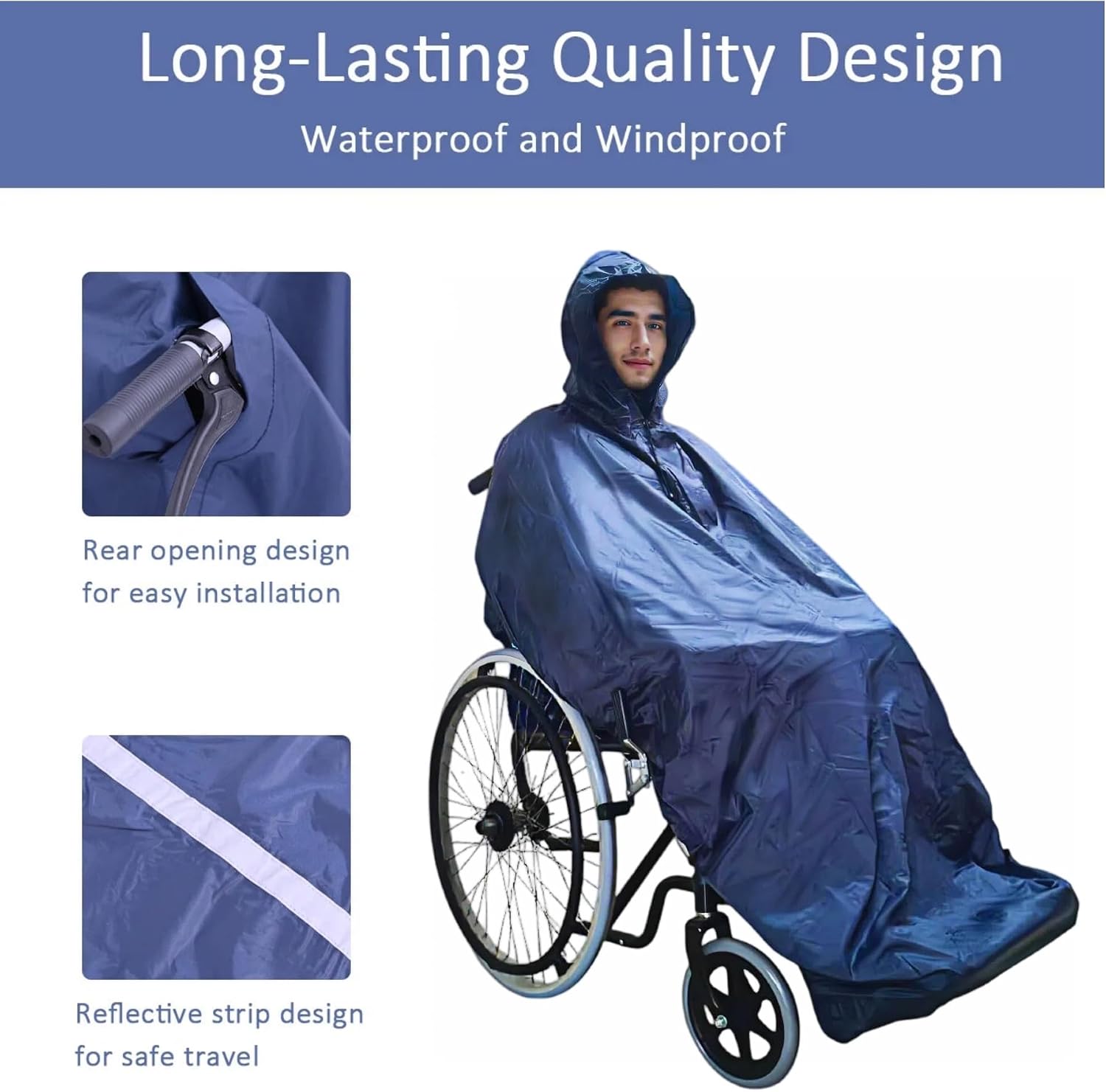 Wheelchair Poncho adult - Waterproof Rain Poncho for Men, Extra Long with Elastic Band Edge, Ideal for Wheelchair, Navy Color, Perfect Rain Cover & Scooter Cover