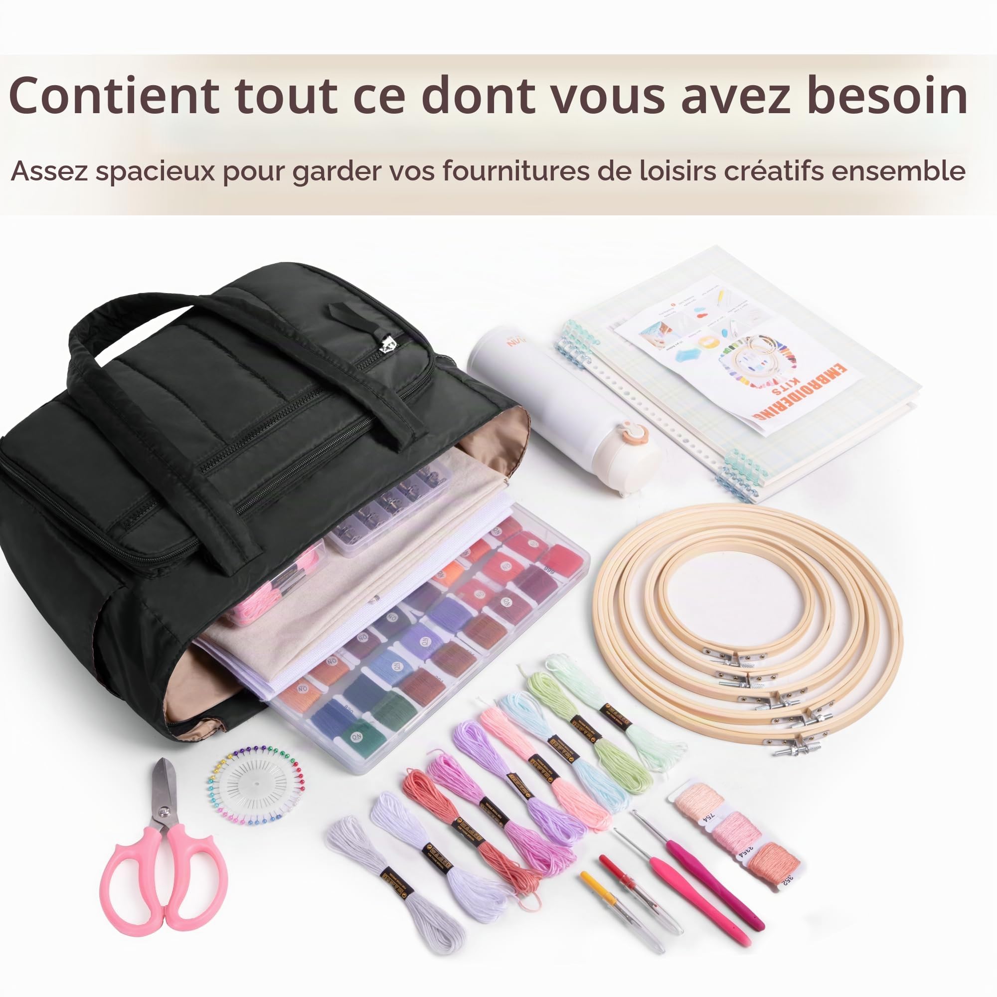 Luxja Sac de Broderie avec Plusieurs Poches, Grand Sac de Projet de Broderie pour Kits de Point de Croix, Noir