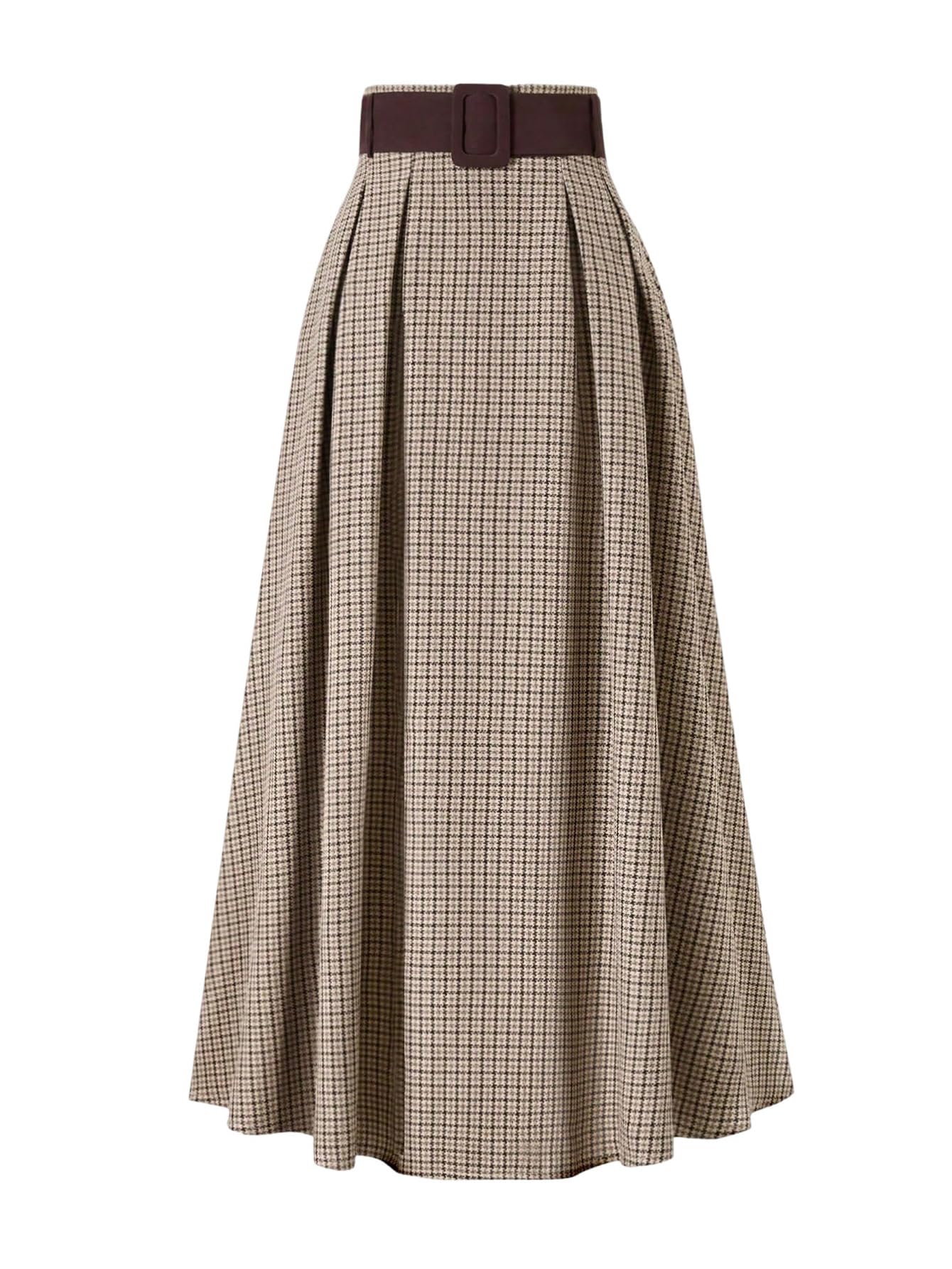 MakeMeChic Womens Plaid Maxi Skirt High Waist Pleated A Line Flare Long Skirts with Belt