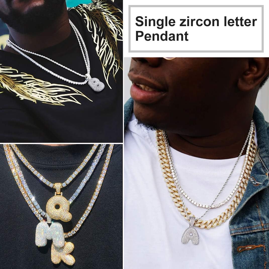 GoldChic JEWELRY Customized Iced Bling Pendant for Men, Gold Plated CZ Initial Letter Necklace with Tennis Chain, CZ Alphabet Charm Men Women Hip Hop Jewelry A to Z