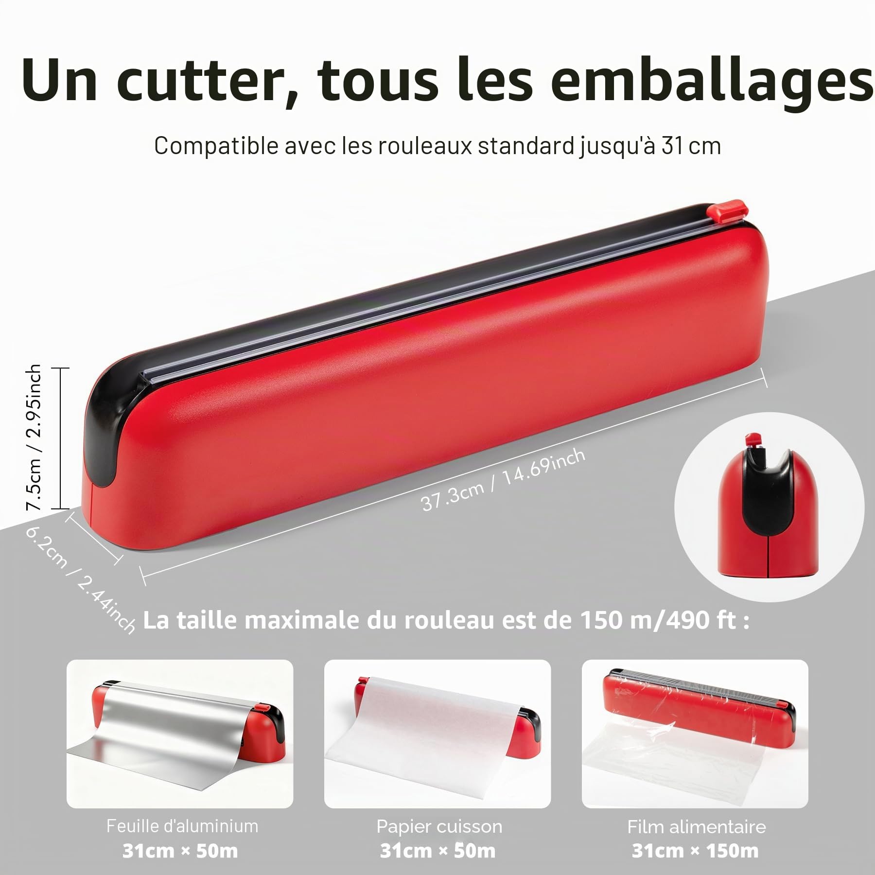 Derouleur Film Alimentaire avec Coupeur - Montage Magnétique Sans Percage, Distributeur Papier Aluminium et Film - Coupe Nette, Organisateur de Cuisine Compact pour Rouleaux 31 cm, Rouge
