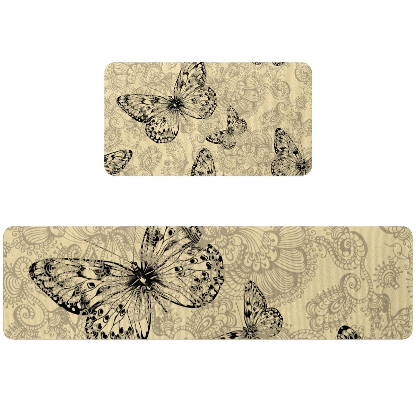 Tapis de cuisine motif papillon absorbant avec fond cachemire