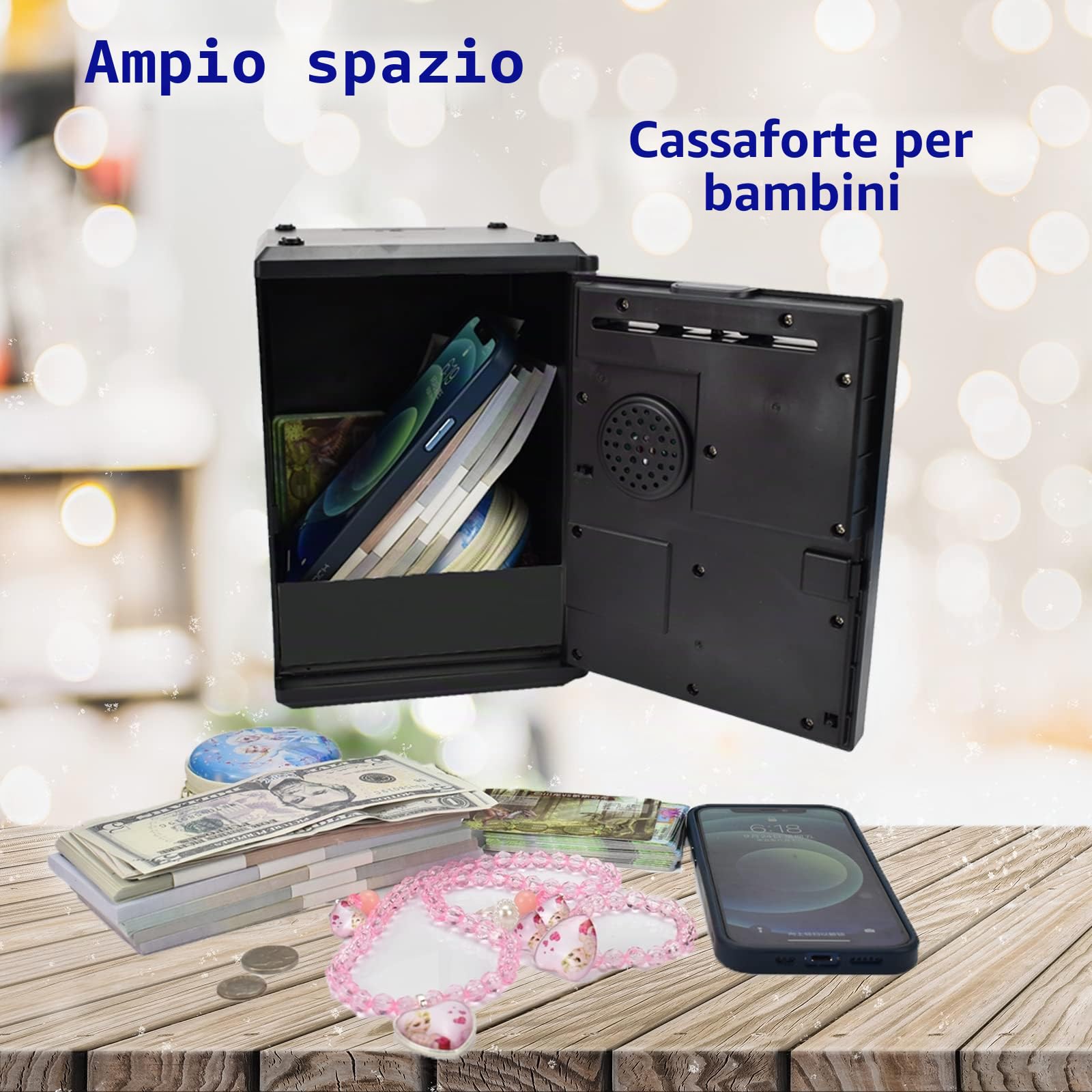 Cassaforte per Bambini con Serratura a Combinazione di 4 Cifre e Riconoscimento dell'Impronta Digitale - Regalo Perfetto per Compleanni, Natale e Festività (Nero/Argento)
