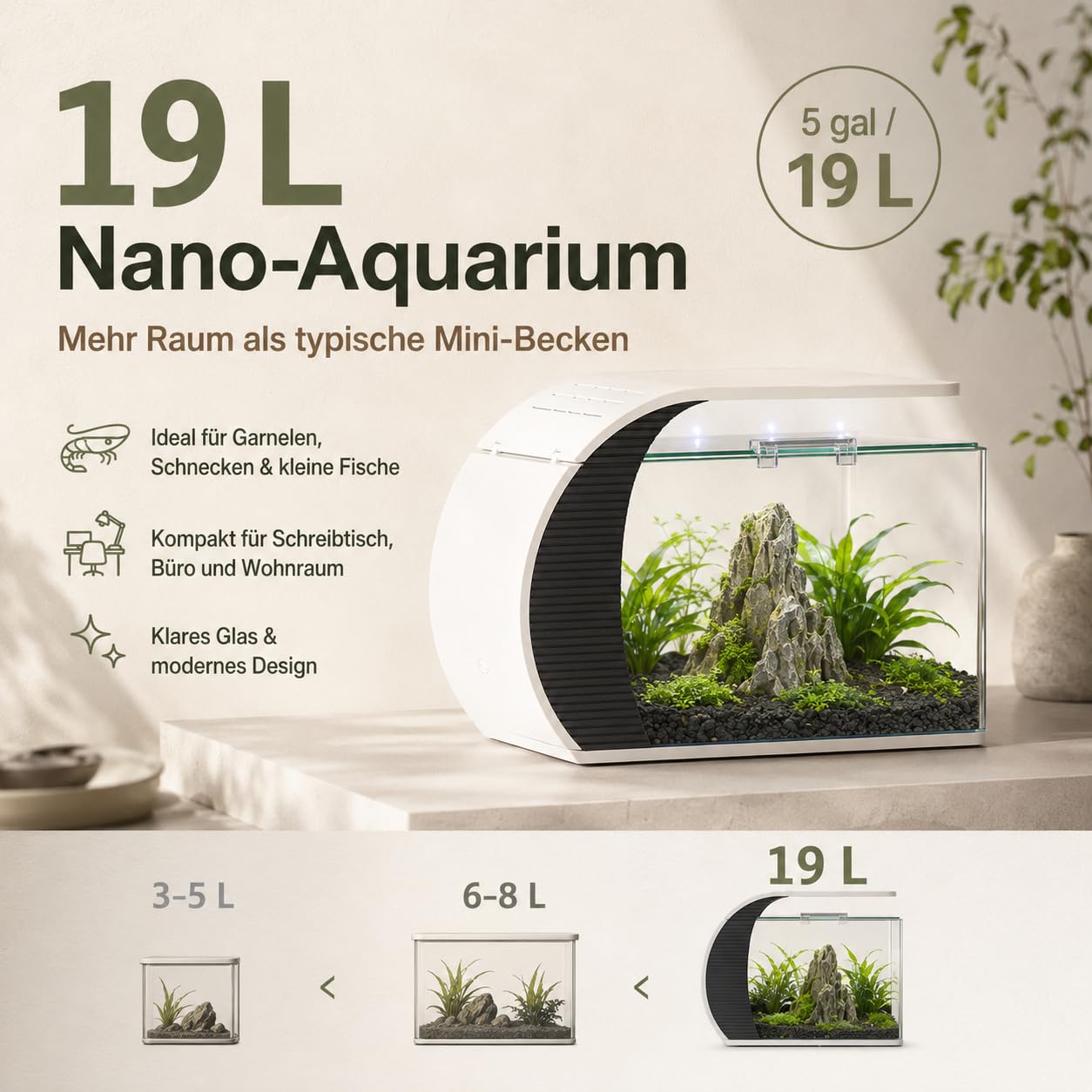 5 GallonAquarium, Mit LED Beleuchtung Und Wasserpumpe Fassungsvermögen Für Zierfische Krabben Pflanzen Ideal Für Wohnzimmer Schlafzimmer Büro Dekoration