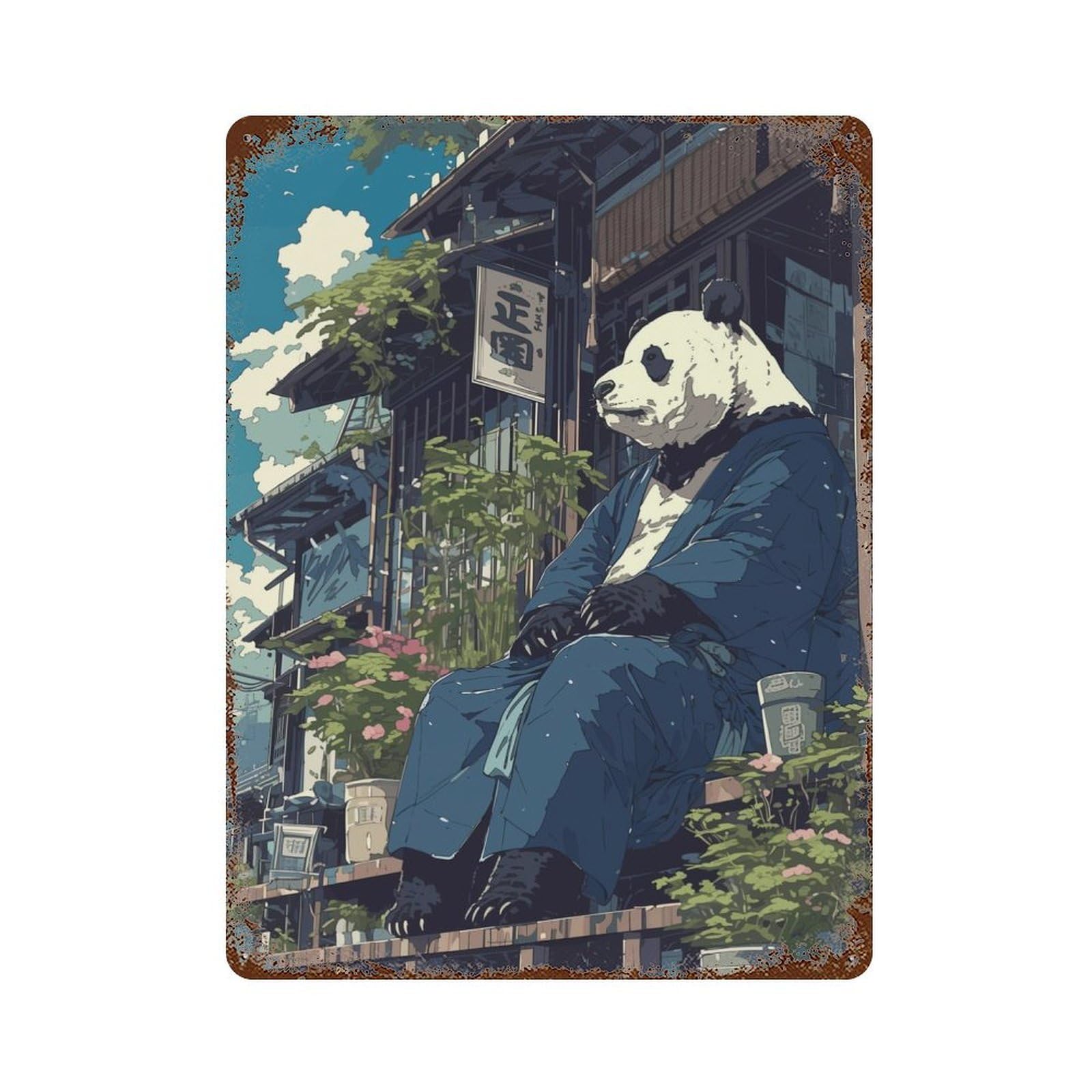 Japanese Panda Bear Anime Weathered Tin Sign 15.7"x11.8", Rustic Home Decor for Office, Studio And Wall Decor