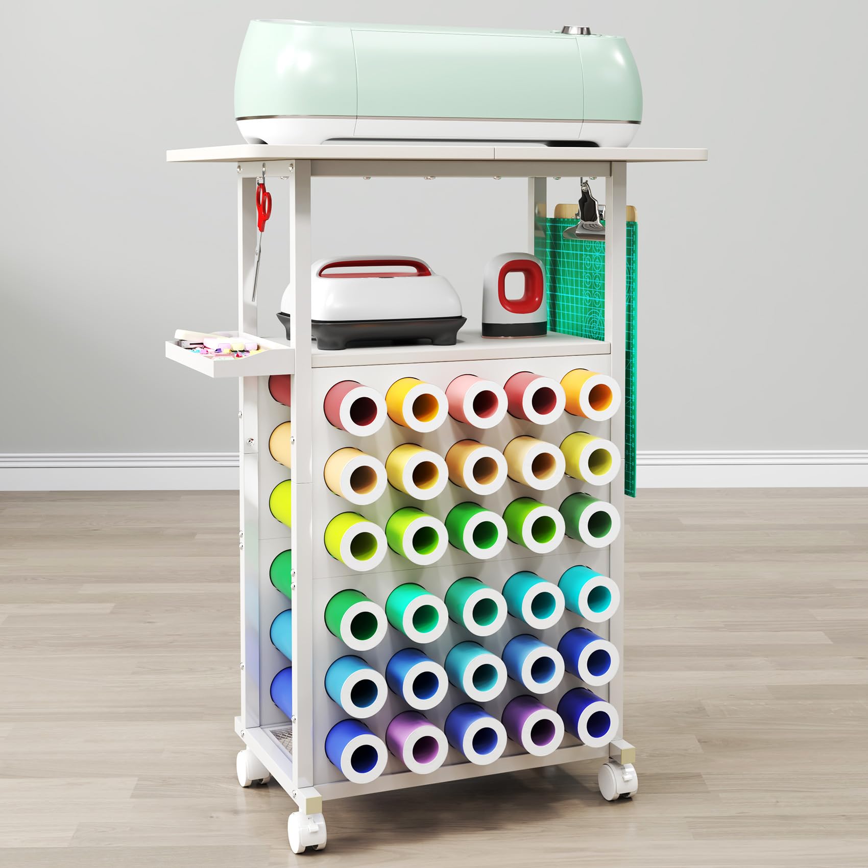 TC-HOMENYRolling Storage Cart, Vinyl Roll Holders, Craft Cutting Machine Stand, Tool Organizer Cabinet with Adjustable Tool Shelf