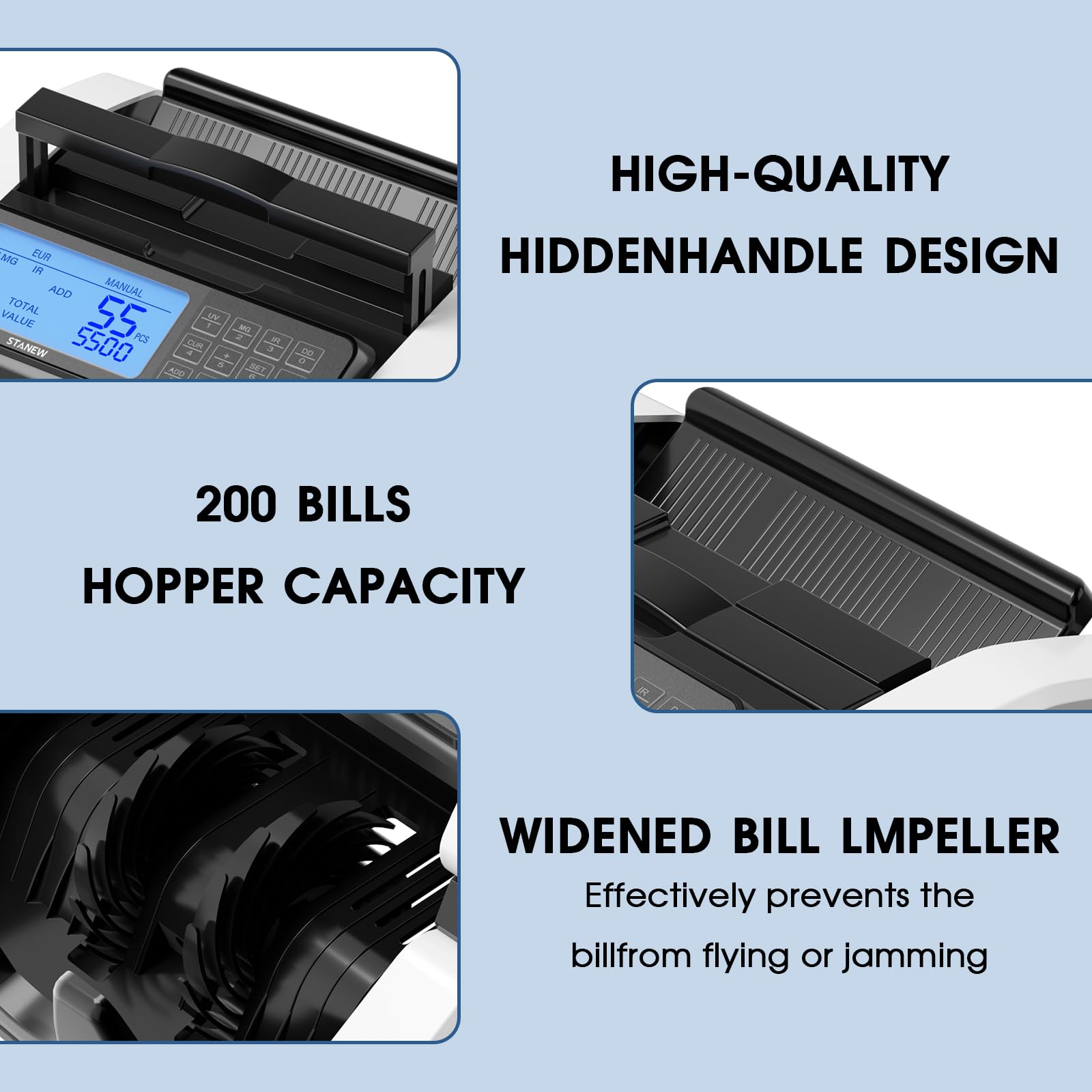 Contadora de Billetes STANEW, Multiple Counting Modes and Single Denomination Totalization Function, UV/MG/IR Detección, Velocidad >1000 PCS/Min, EUR/USD/GBP