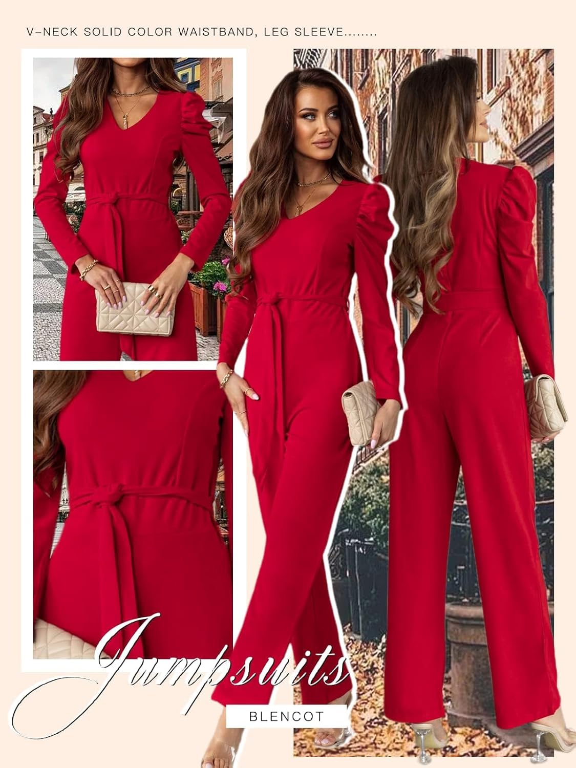 Size L BLENCOT Jumpsuit Long Sleeve Casual V Neck Belted Wide Leg Formal Rompers Jumpsuit