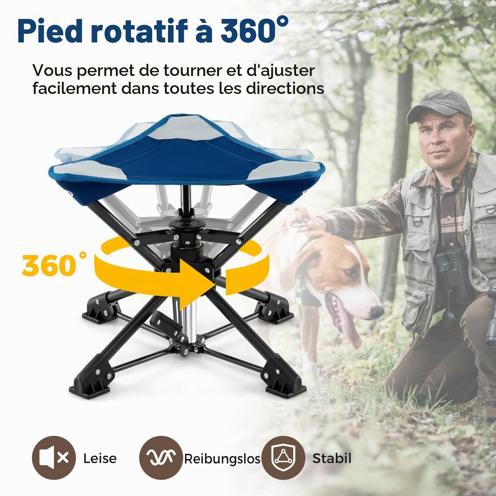 FANTASK Tabouret de Camping Portable avec Pieds Anti-Chute et Sac de Transport, Tabouret Pliable Rotatif à 360 °, pivotant à 360 °, Charge maximale : 150 kg, pour Le Camping, la Chasse et la pêche