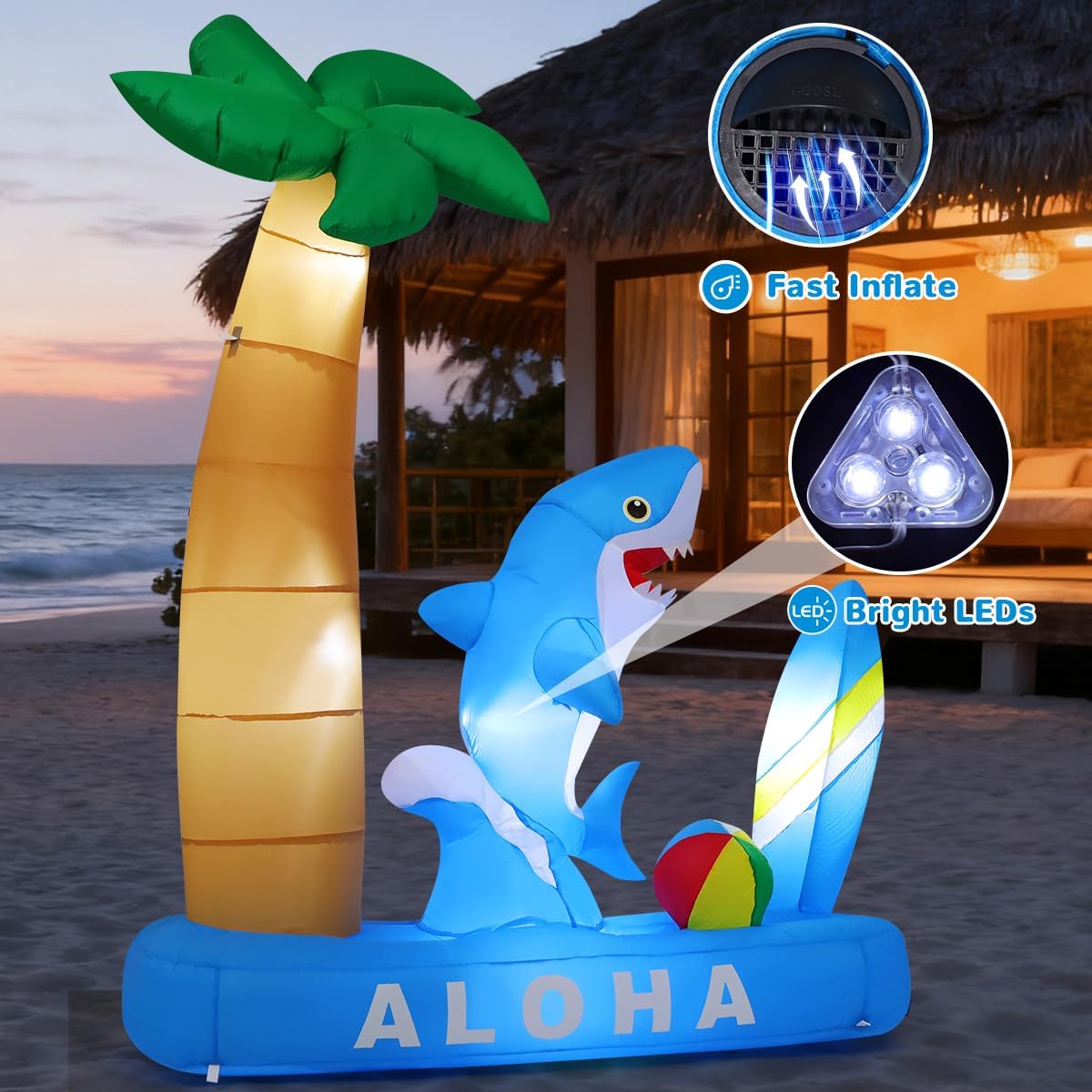 GOOSH 7.4 FT Summer Inflatable Shark with Palm Tree, Surfboard & Beach Ball Outdoor Blow Up Yard Decoration with LED Lights for Hawaiian Beach Party Garden Lawn Birthday Pool Decor