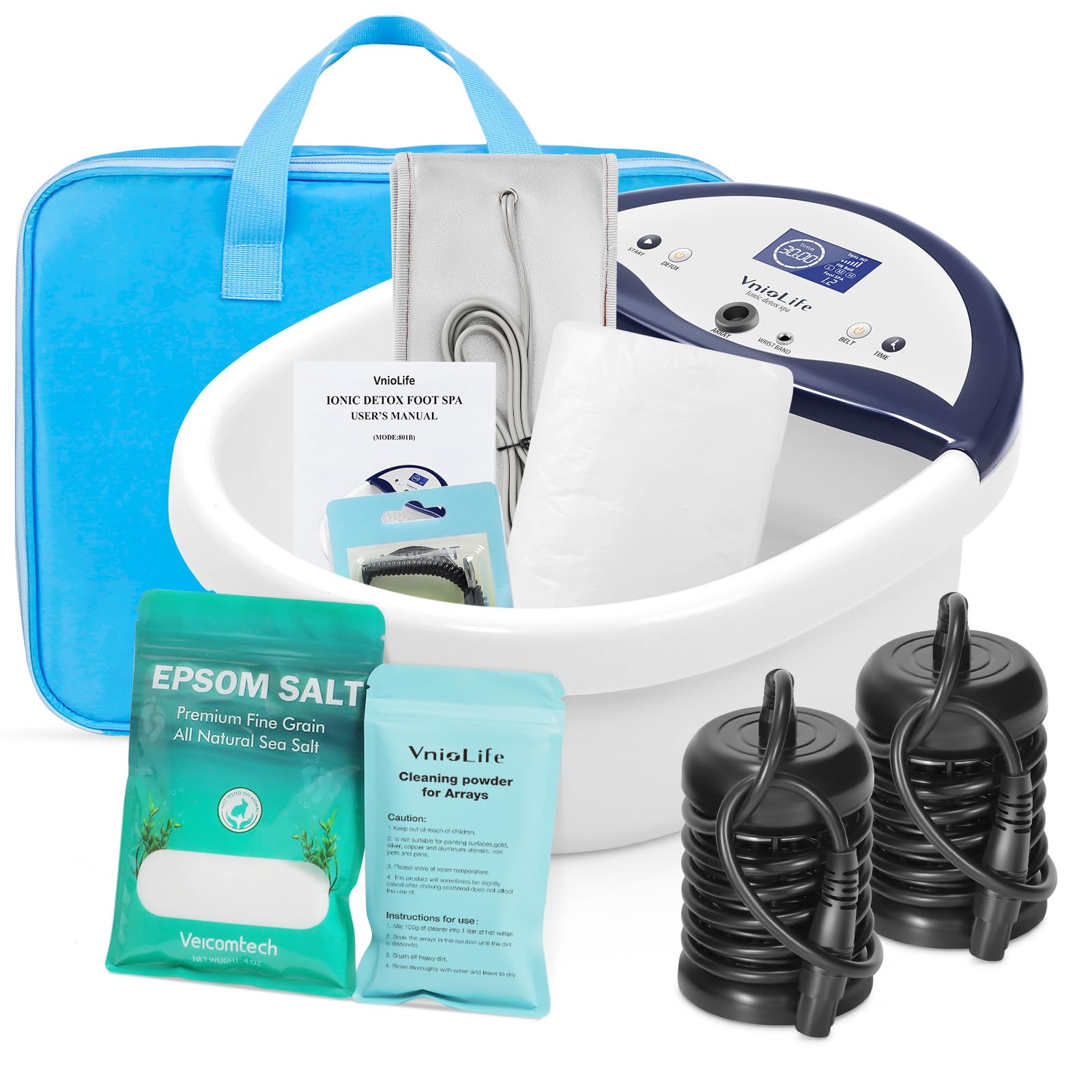 VnioLife Ionic Foot Bath Detox Machine, Ion Detox Foot Bath Cleanse, LED Display Feet Spa with Heated Belt,Wrist Strap, with 2 Arrays, Sea Salt,10