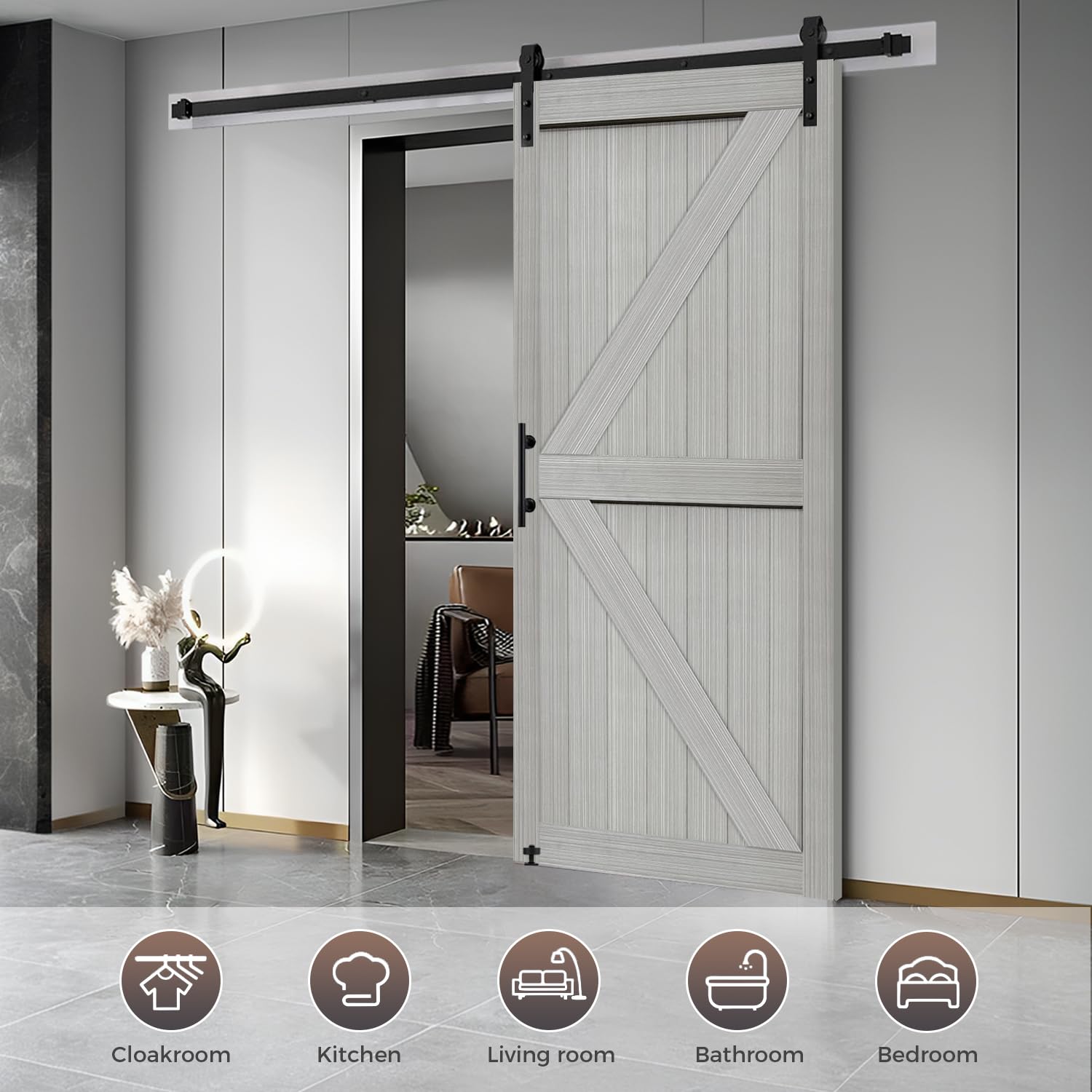 S&Z TOPHAND® 60in x 84in Double Light GraySliding MDF Barn Door with 20FT Sliding Door Hardware Kit, Solid Slab Covered with Water-Proof PVC Surface, Simple DIY Assembly