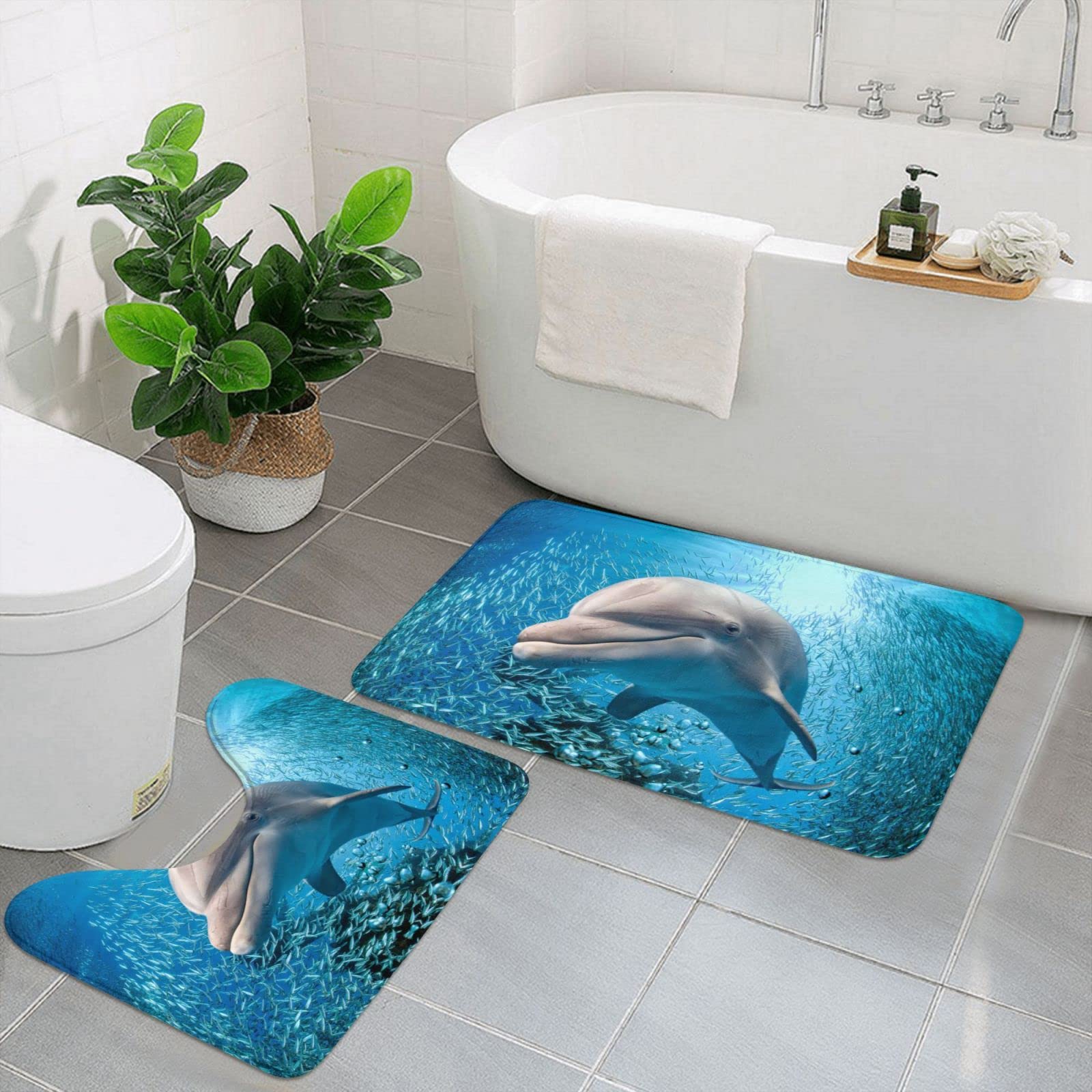 Tapis de bain absorbants et lavables Lot de 2 tapis imprimés dauphin pour salle de bain
