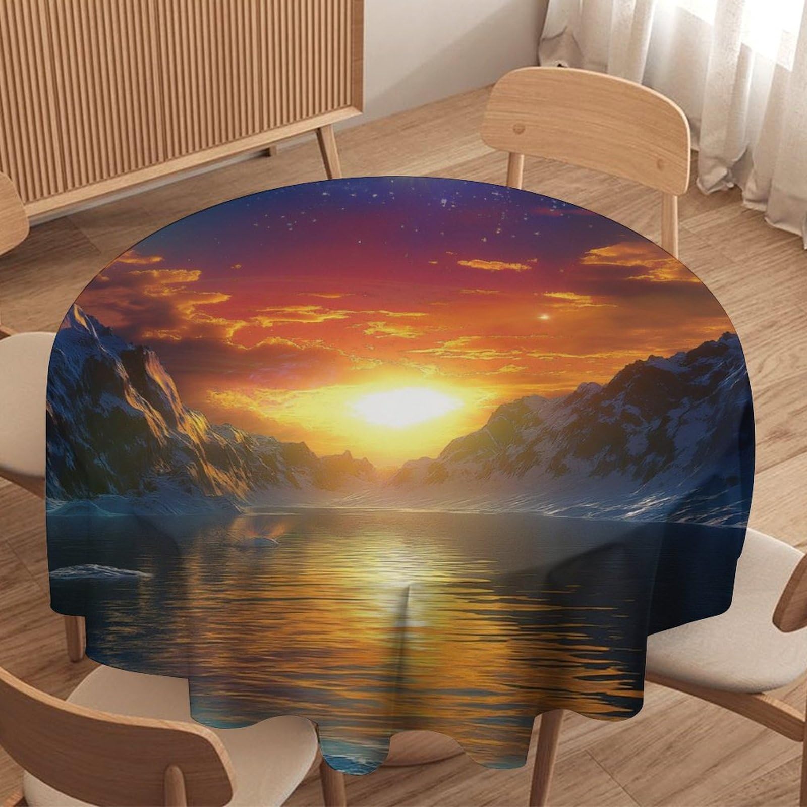 ORDOBO 3D Printed Tablecloth - Sunset On The Lake Round Tablecloth Wipeable For Kitchen Dinner Picnic Party Home Fashion Print Table Cover Decoration 152X152Cm