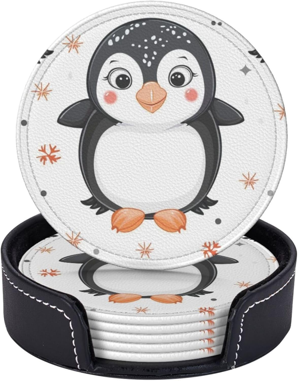 6 Pcs Cartoon Animals Cute Penguin Leather Coasters for Drinks with Holder Round Mug Mat Table Desk Coasters Set Cup Coasters for Living Room Kitchen Coffee Decor