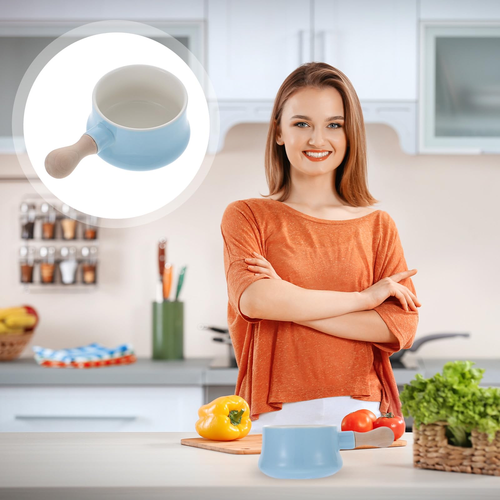 SHINEOFI Ciotola per Colazione con Manico in Legno per Zuppe Latte e Porridge 380ml