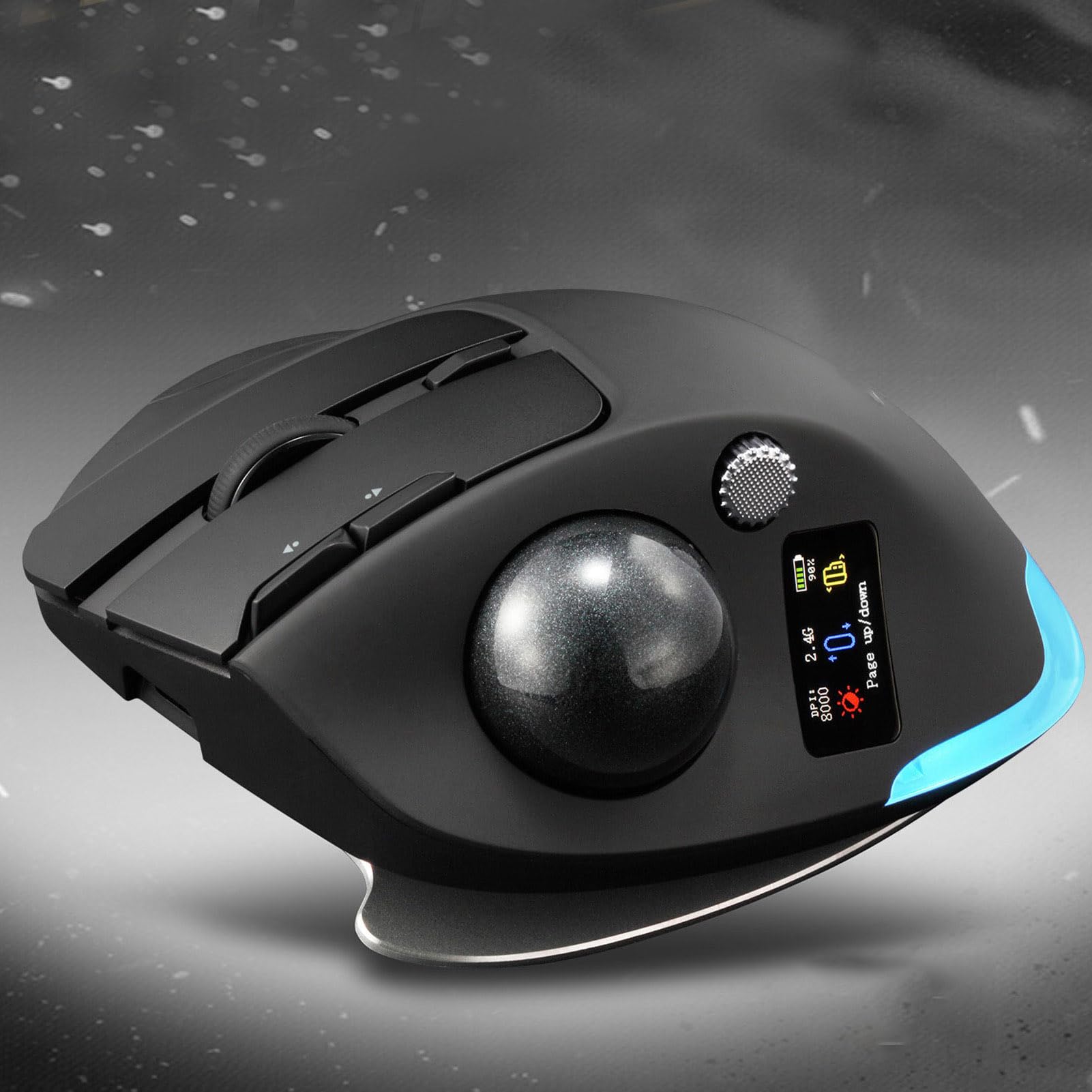 Elprico Mouse Trackball Wireless, 8000 DPI, Schermo LCD per PC, Nero | Mouse Bluetooth con Retroilluminazione RGB Ergonomica, 8 Pulsanti, connettività per 3 Dispositivi (BT e 2.4G), per