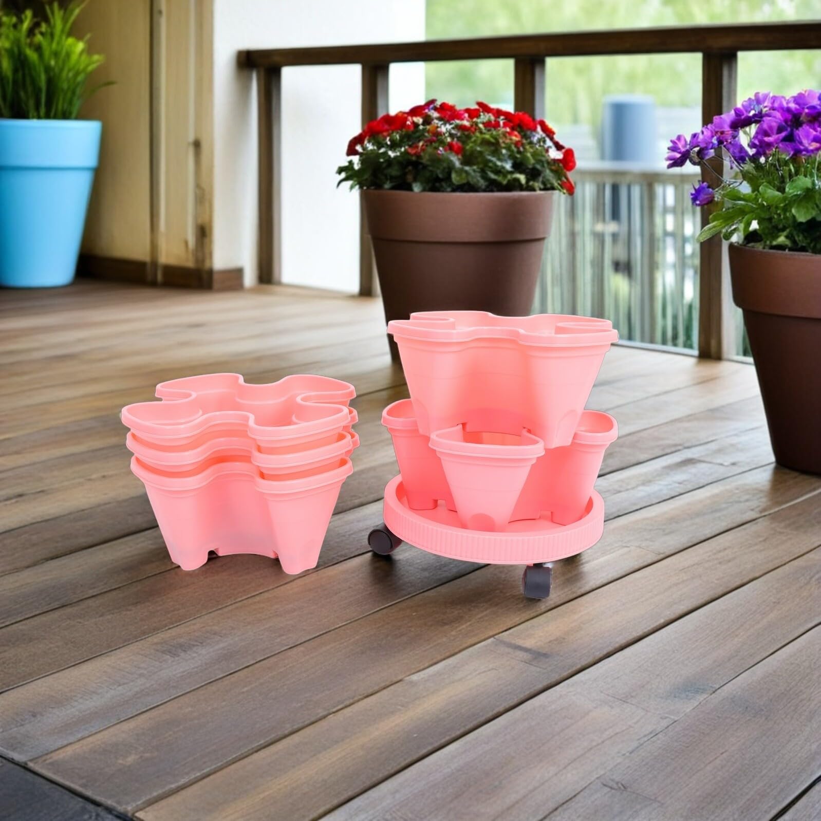 ibasenice Jardinière Empilable 6 Pièces en Plastique Rose Tour de Jardinage Verticale Multifonction pour Fraisiers et Plantes d'Extérieur Pots à Fleurs Modulables pour Terrasse et Balcon