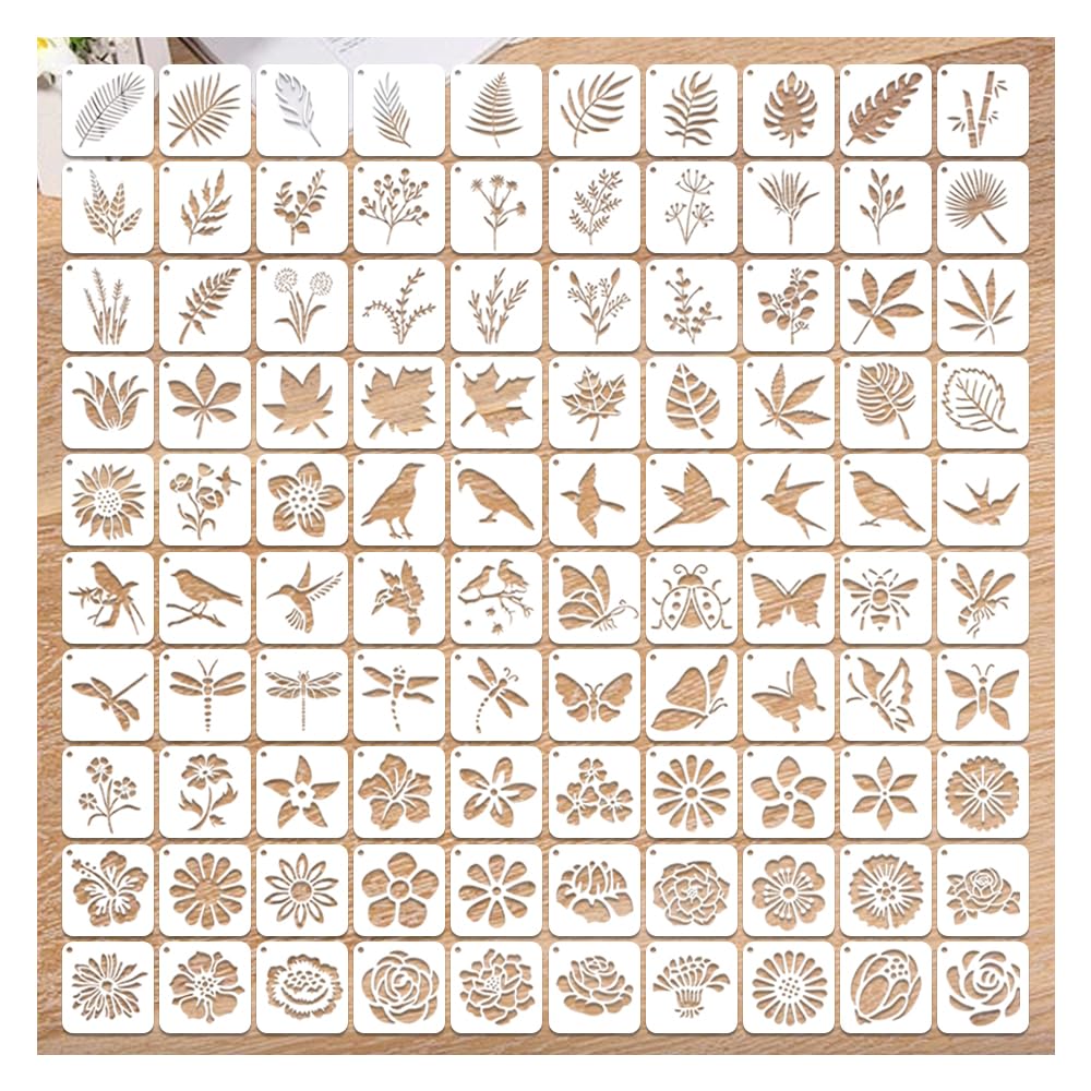 Set di 100 Stencil per Pittura Piccoli,Stencil Fiori E Foglie Di Uccelli,Pareti Stencils Scrapbooking,Decorazione Muro Stencils In Plastica Riutilizzabili,Fai Da Te Stenciles de Disegno