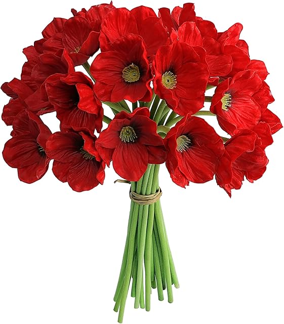 Decpro 12 Pcs Artificial Poppy Anemones, 13 Inches Realistic Latex Poppy Flocking Stemmed Flowers for Home Wedding Party Decor, Floral Arrangements, Table Centerpieces( Red)