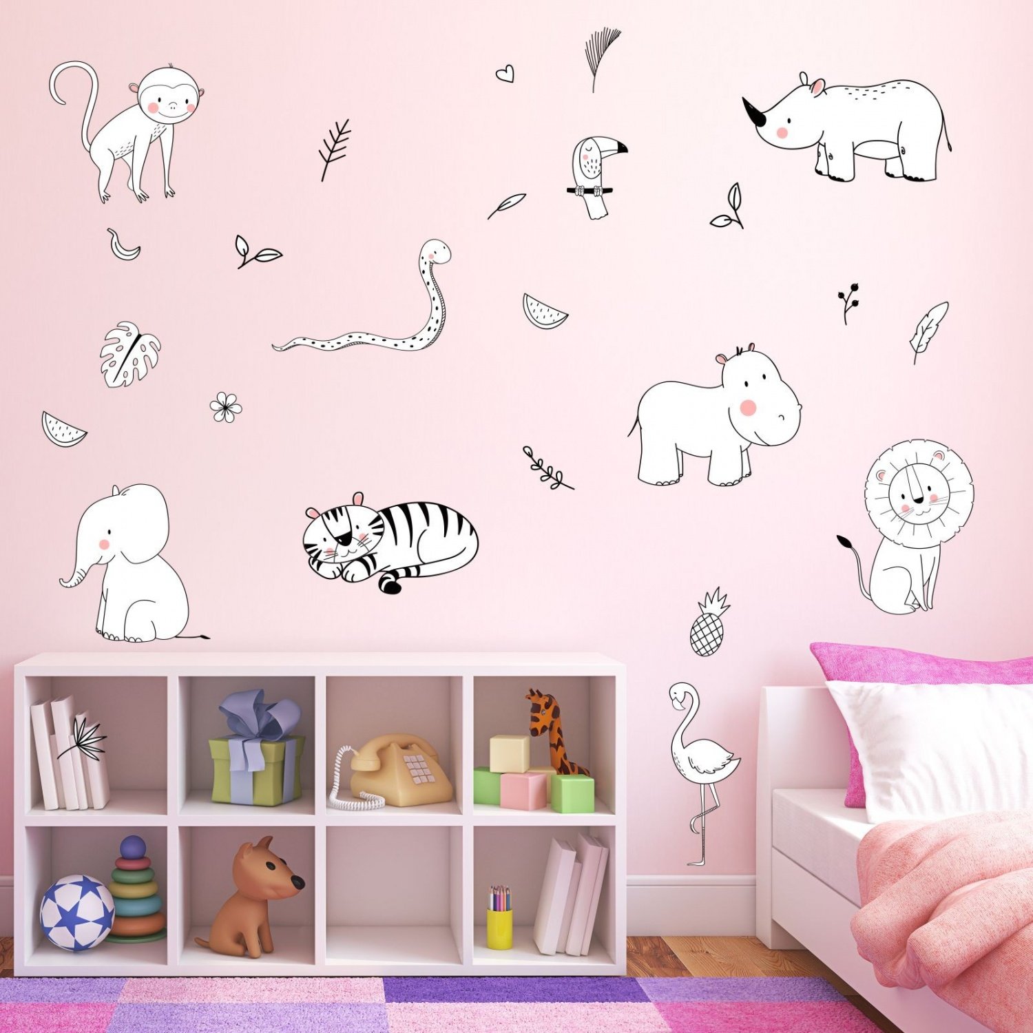 nikima 127 - Adhesivo de pared para habitación infantil, diseño de animales de la jungla, color blanco y negro, tamaño 1250 x 700 mm