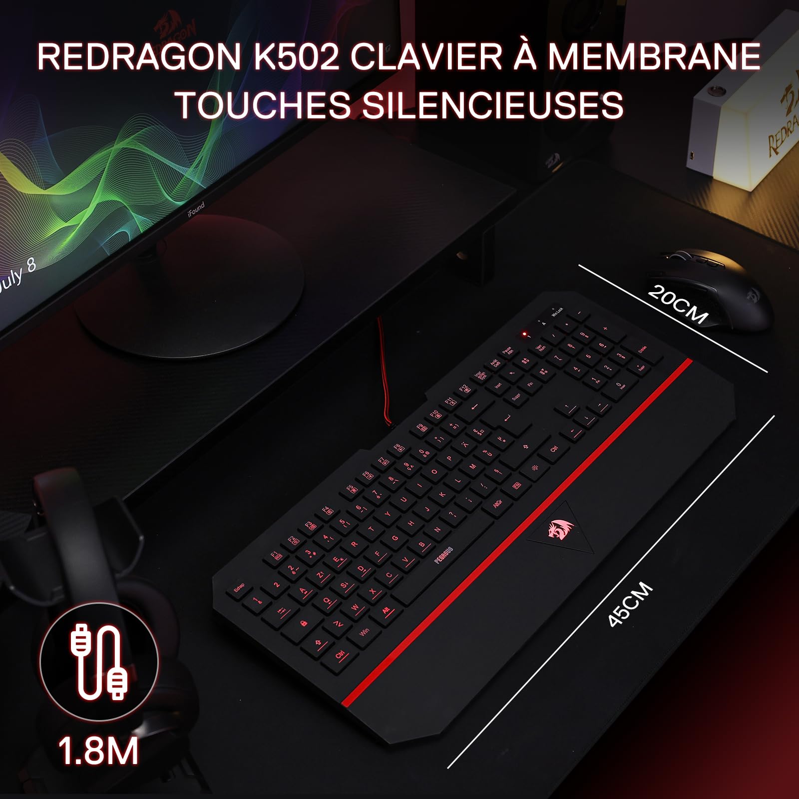 Redragon K502 Clavier Membrane Filaire AZERTY Silencieux