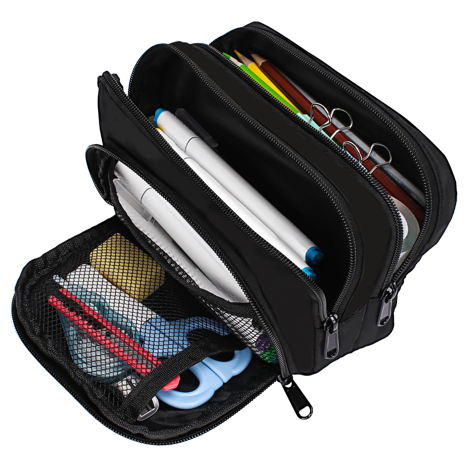 Black Pencil Case, Large Capacity Pen Case with 3 Compartments, Stationery Pouch for School & Office Supplies
