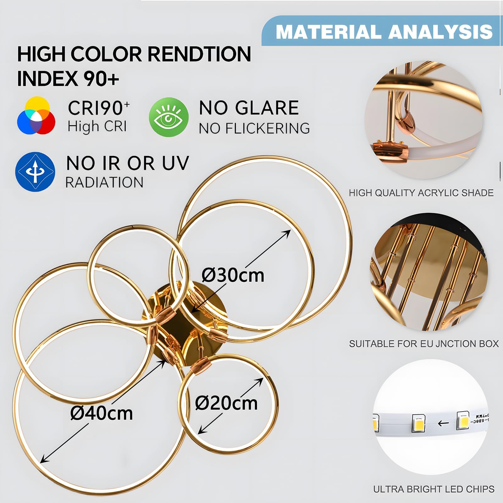 LED Plafoniera, Ø105cm Lampadario Cerchio In Metallo Dorato, 145W Dimmerabile Continuo 3000-6000K, Lampadario Rotondo Moderno In Placca Camera Letto Soggiorno Bambini Ufficio Studio (6 Anelli)
