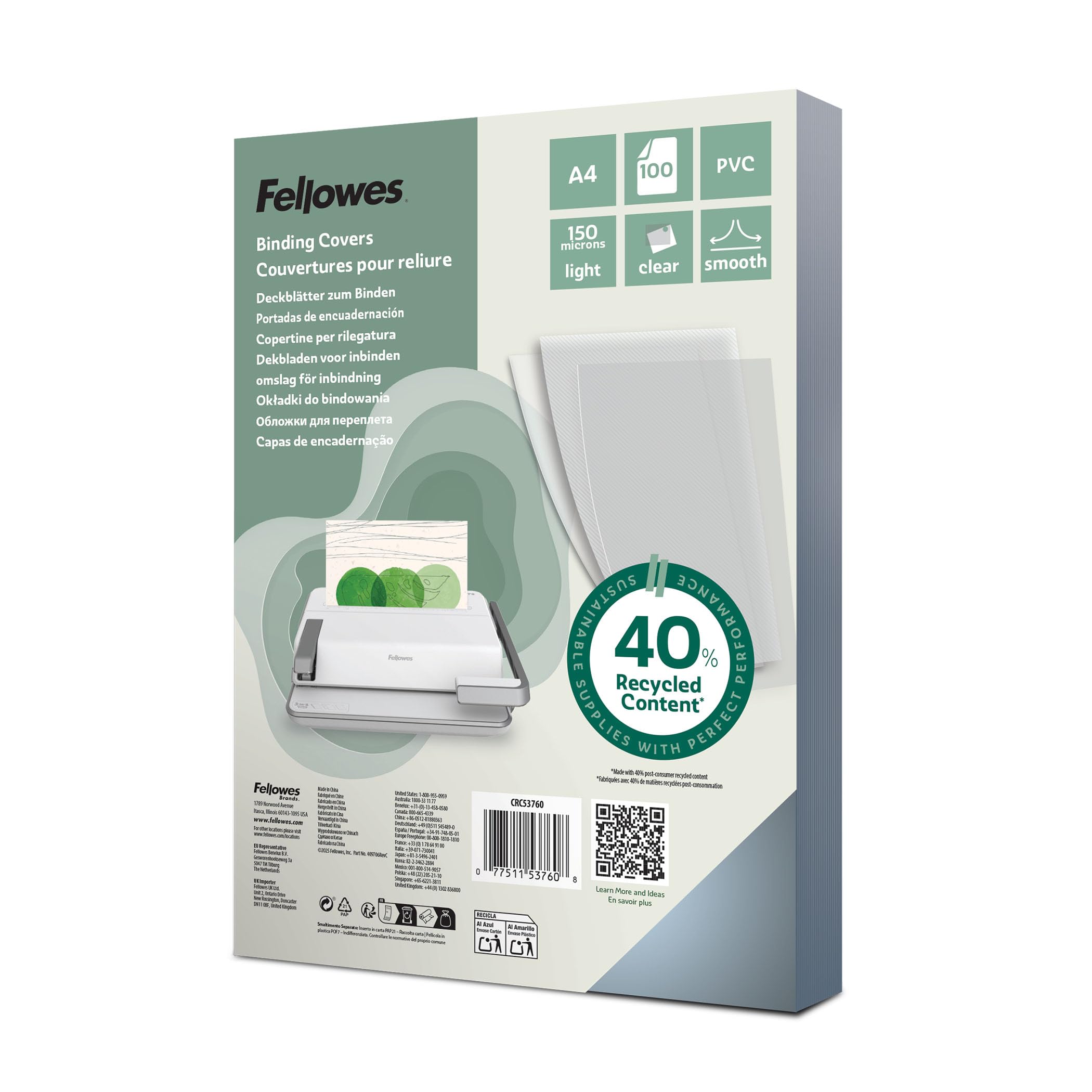Fellowes A4 Clear PVC Binding Covers, 150 Micron Transparent Protective Sheets, Smooth Finish, Pack of 100 - Compatible with Comb & Wire Binding