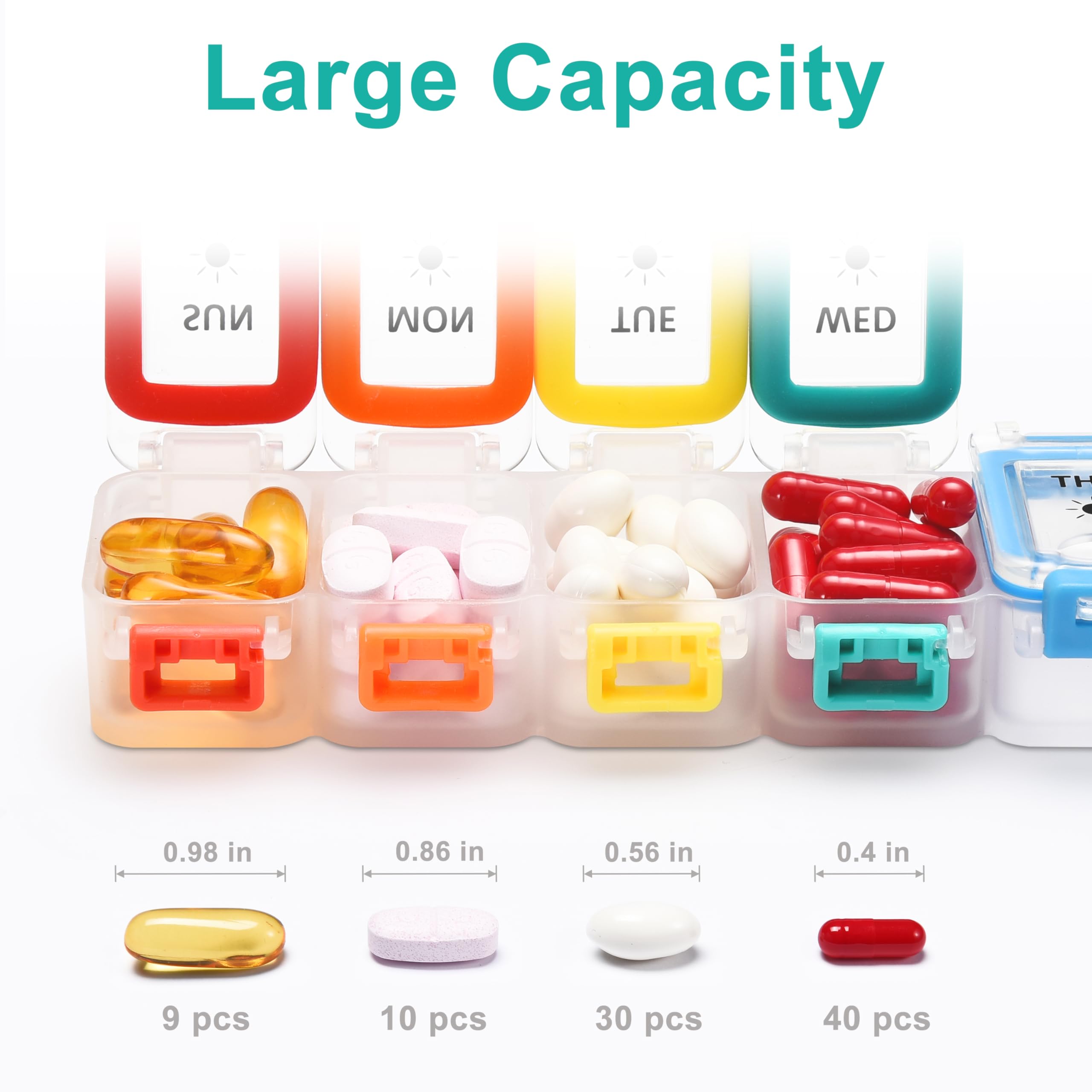 Condition photo showing New/Like New for fullicon moisture proof pill organizer 2 times a day, large, rainbow clear | each compartment holds 9 fish oils, 10 vitamins, or 40 capsules, secure buckles keep lids shut, removable tray for travel