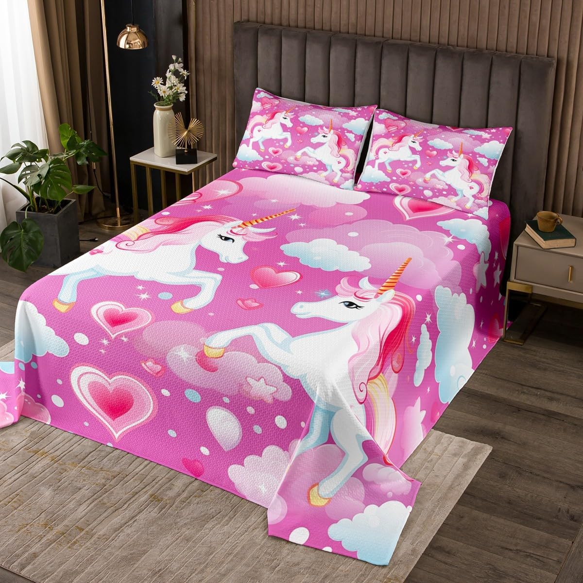Unicorn Kids Bedspread King Size,Love Printed Polka Dot Cloud Quilt for Boys Girls Room Decor,Cartoon Animal Horse Bedding Set 3Pcs,Glitter Stars Wildlife Pink Coverlet Set,2 Pillowcases