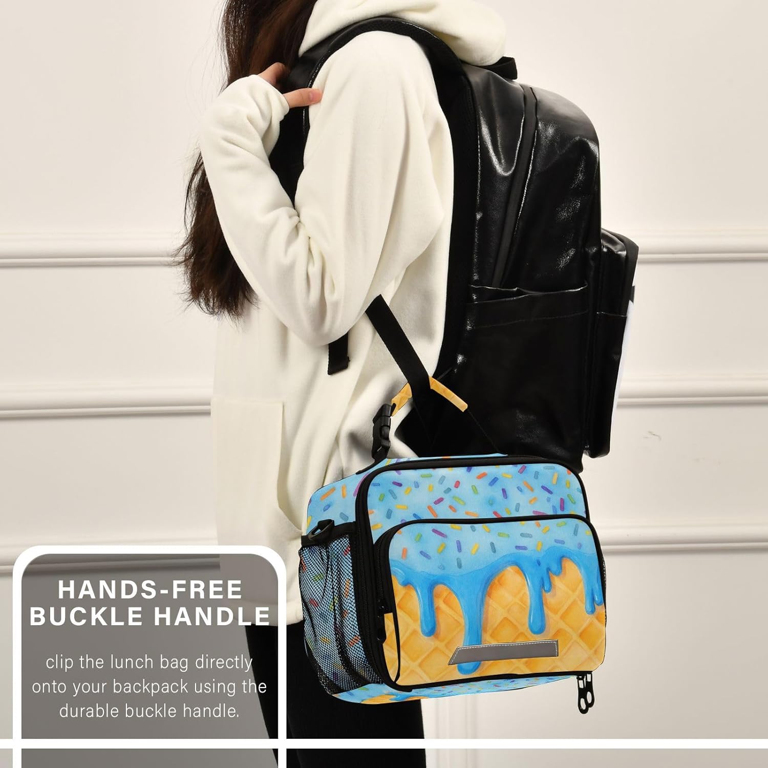 Blue Ice Cream Drip Lunch Bag for Women Men Summer Waffle Insulated Cooler Tote Bag with Adjustable Shoulder Strap Large Capacity Picnic Lunch Box Outdoor for Adult Office