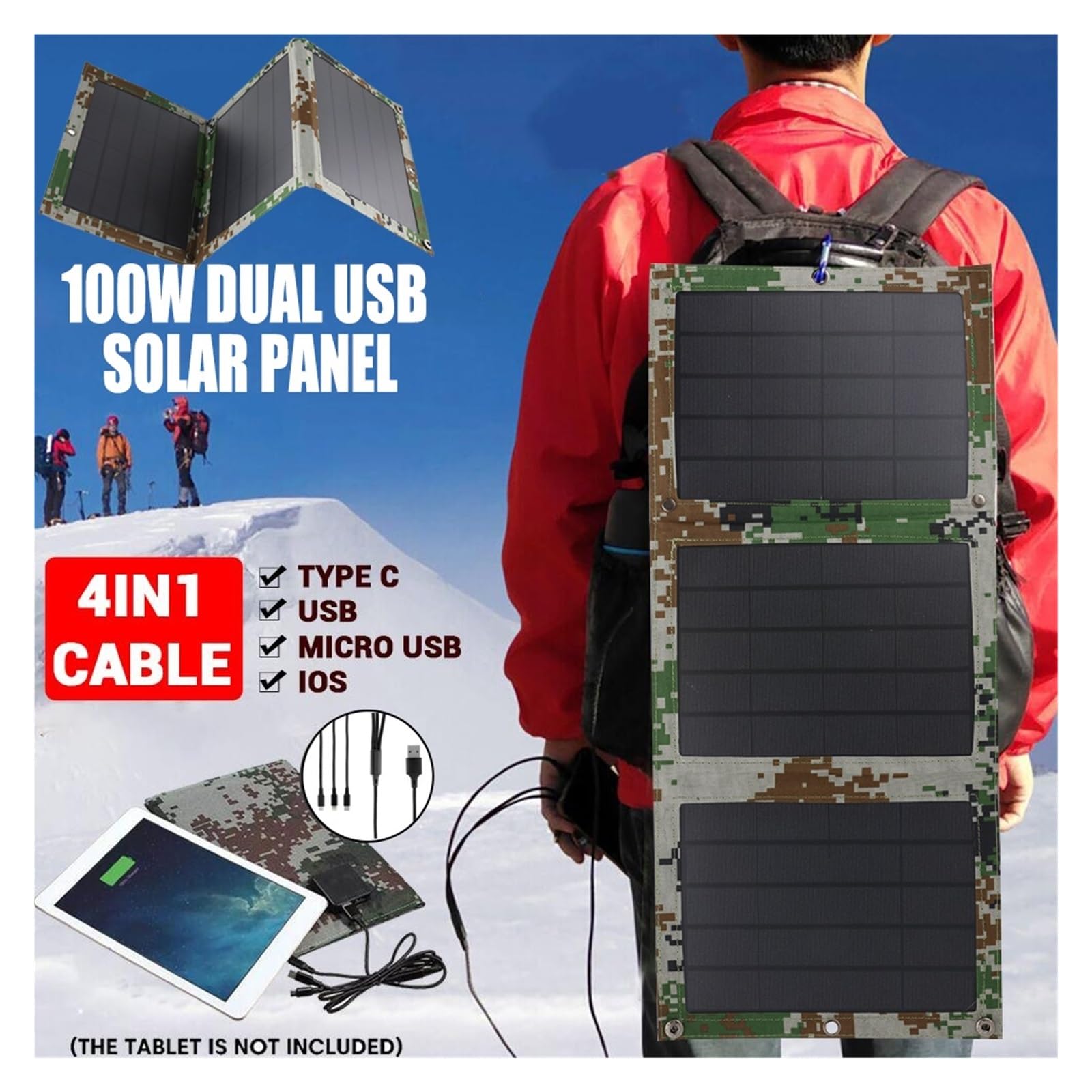 Pliable 5V 100W double panneau solaire USB chargeur de étanche extérieur batterie d'alimentation Mobile avec câble 4 en 1 Sortie IdéAle