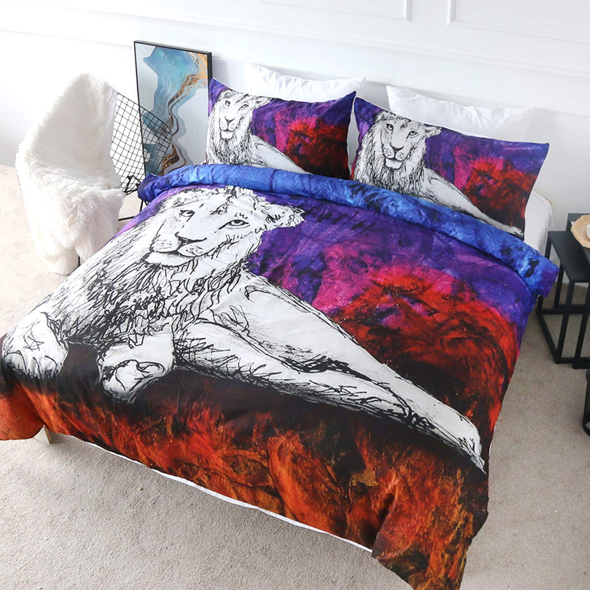 BlessLiving White Lion Bedding Artistic Lion Duvet Cover 3D Oil Painting 3 Piece Wild Animal Bed Covers Colourful Blue Green (Queen)