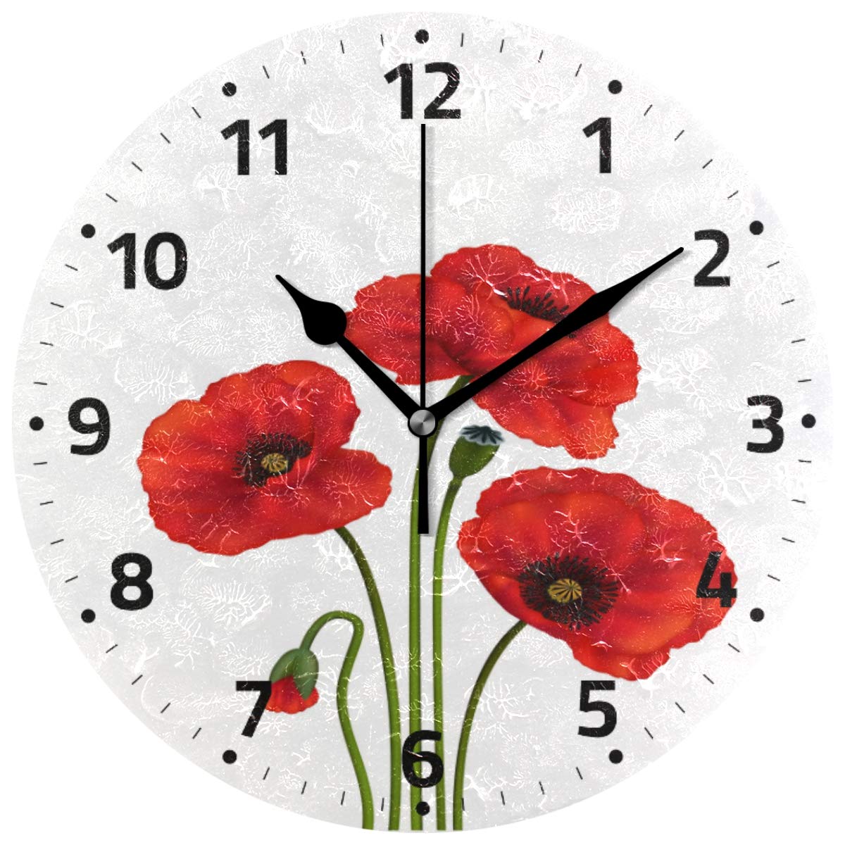 Wamika Poppy Flowers Wall Clock Battery Operated Non Ticking Silent Round Acrylic Red Flowers Quartz Decorative Clocks for Home Office Kitchen School Easy to Read