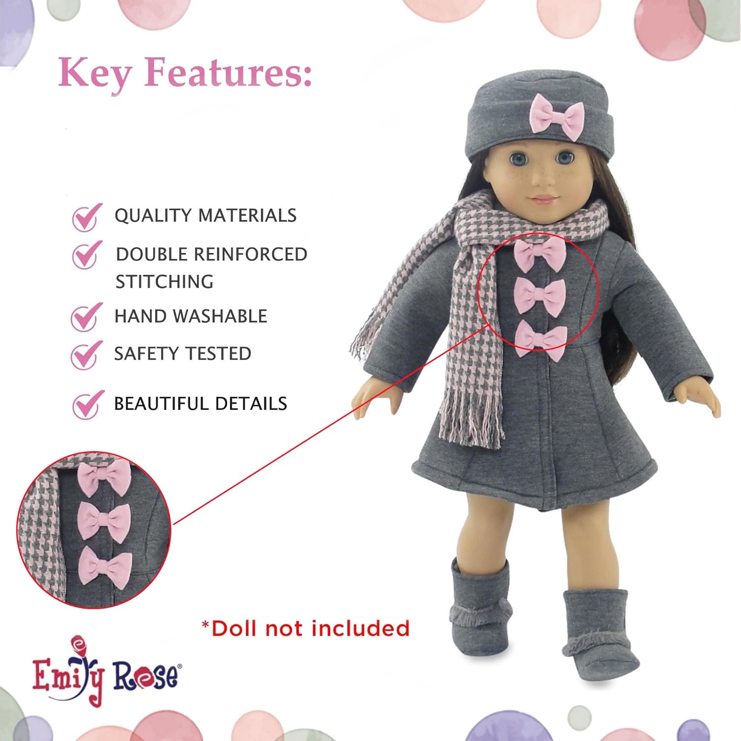 Emily Rose 18-inch Doll Clothes Grey and Pink 4 PC Winter Coat Outdoor Outfit, Includes Matching Hat, Boots and Scarf | Compatible with 18" American Girl Dolls | USA Business